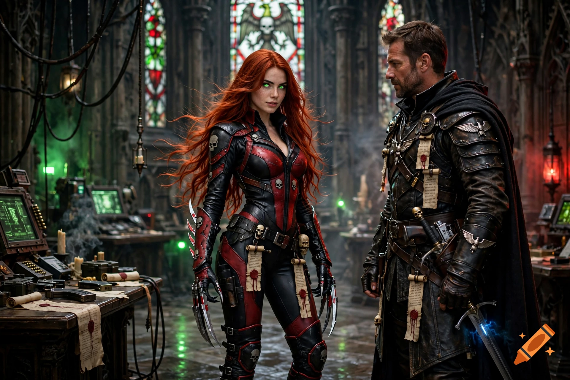 A photorealistic depiction of a female Death Cult Assassin in a black and red catsuit with green eyes and claws, standing next to a male Inquisitor in a gothic cathedral.