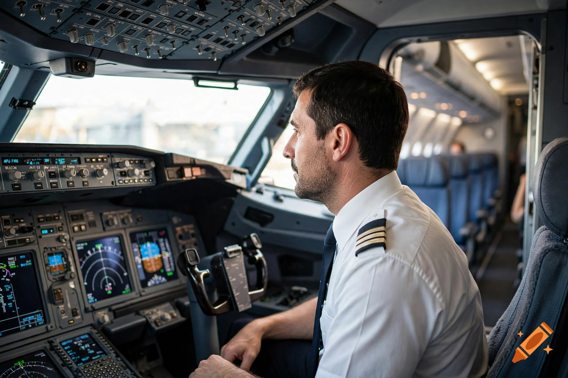 Photorealistic image of a male pilot sitting in the cockpit of an airplane, looking out the side window.