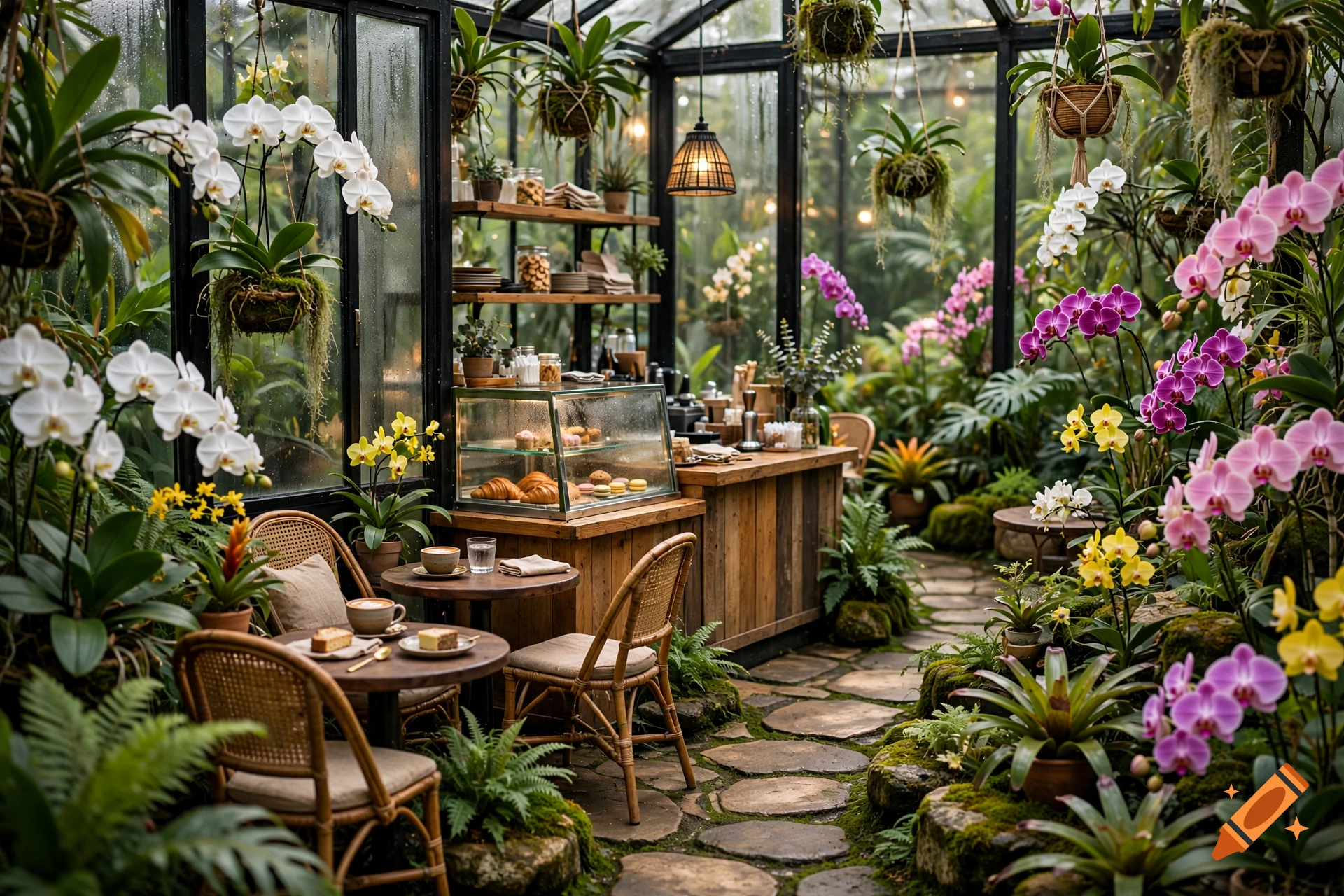 Cozy cafe tables set inside a lush greenhouse filled with blooming white, yellow, and pink orchids, photorealistic style.