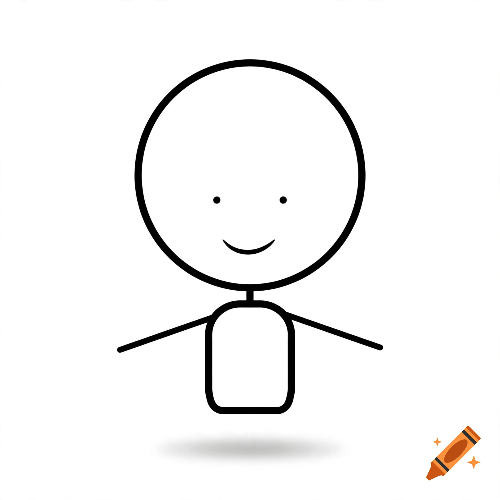 Minimalist black and white stick figure with a large round head and a slight smile on a white background.
