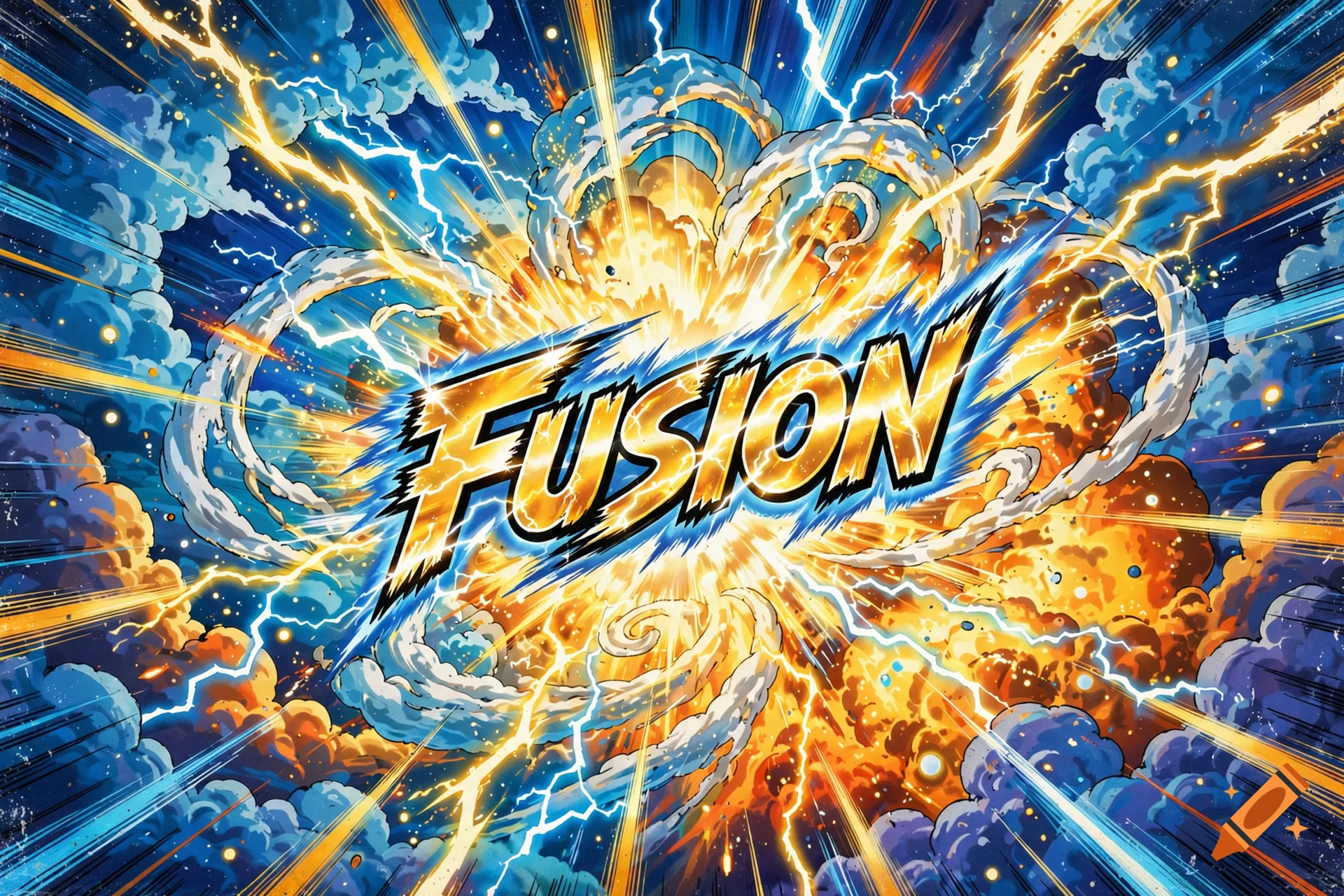 Dynamic anime-style background with an explosive energy blast, yellow lightning, and the word FUSION in bold text.