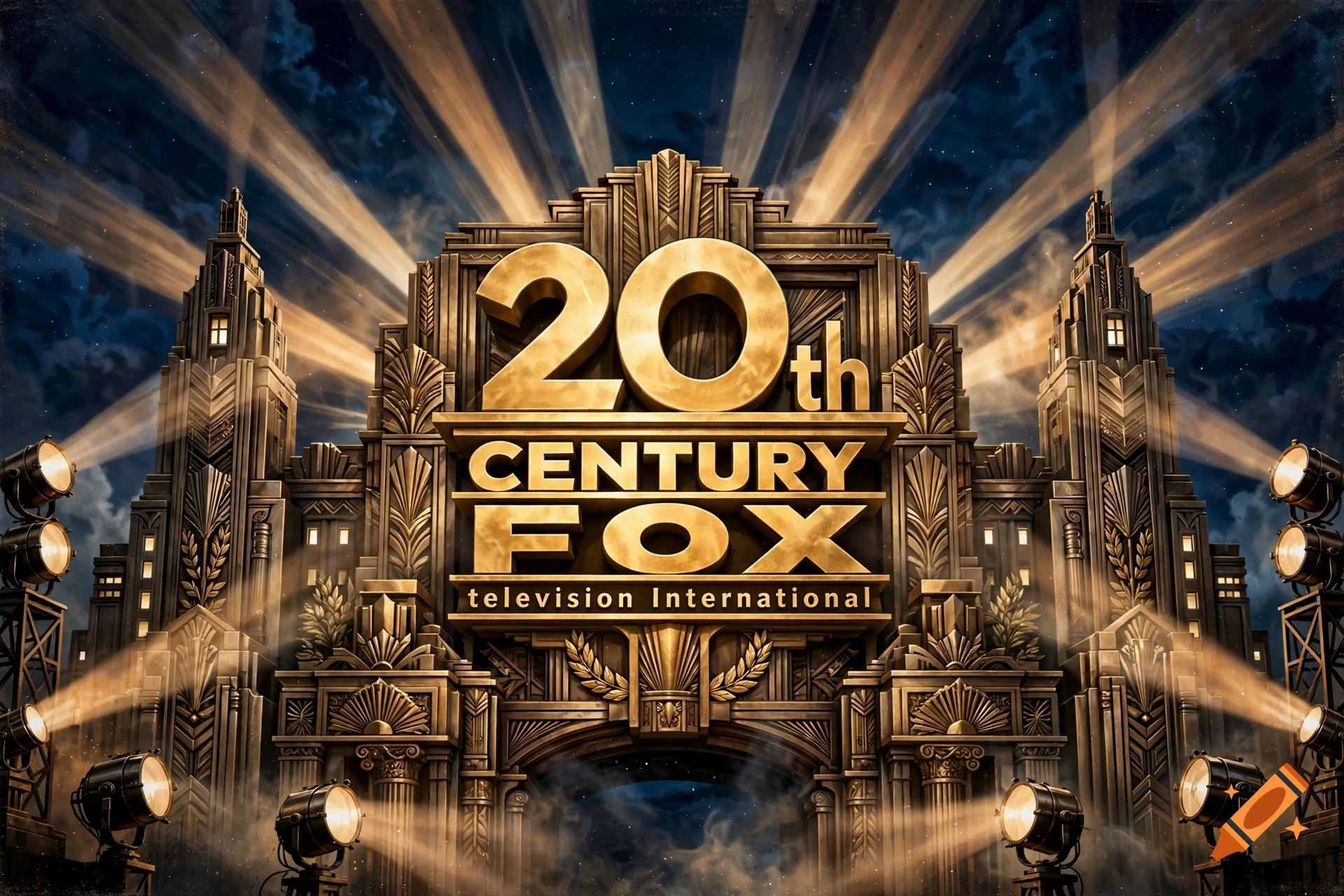 Art Deco style 20th Century Fox Television International logo with searchlights in the background.