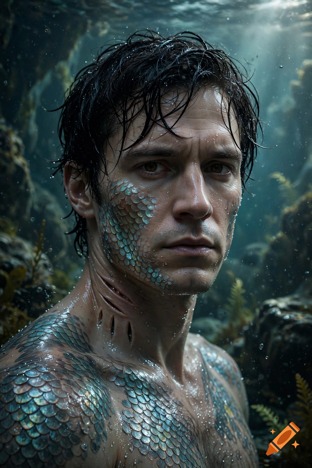 Photorealistic close-up portrait of a dark-haired man with fish scales on his face and chest, and gills on his neck, underwater.