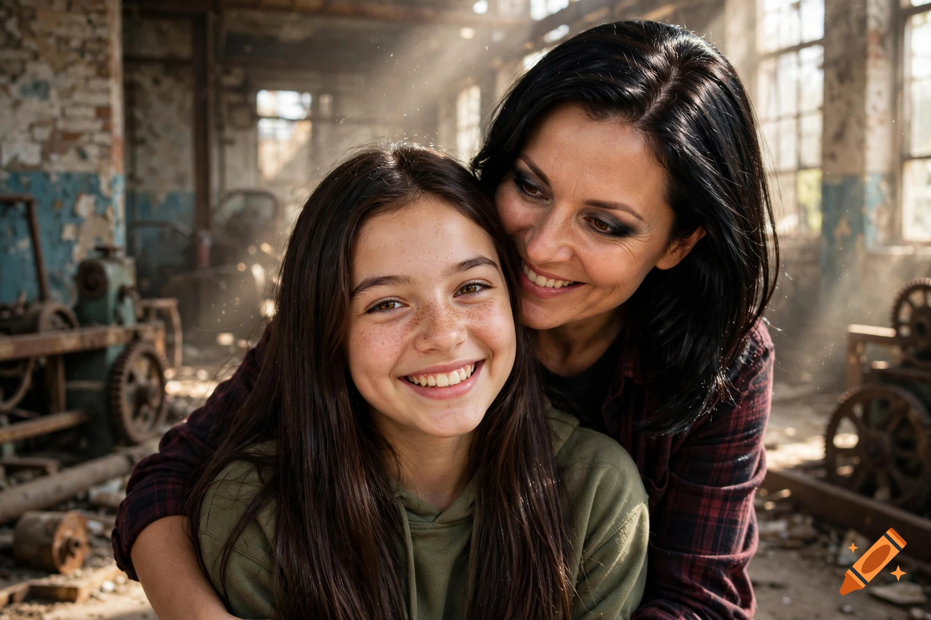 Photorealistic portrait of a smiling teenage girl with freckles and a woman embracing her in an abandoned industrial factory.