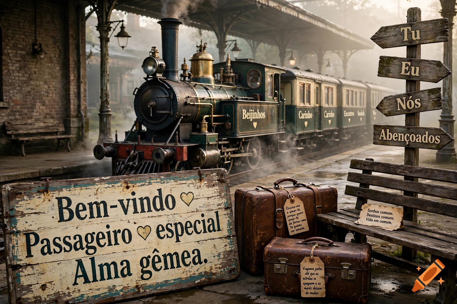 Photorealistic scene of an old steam train at a nostalgic station platform with vintage suitcases and directional signs.