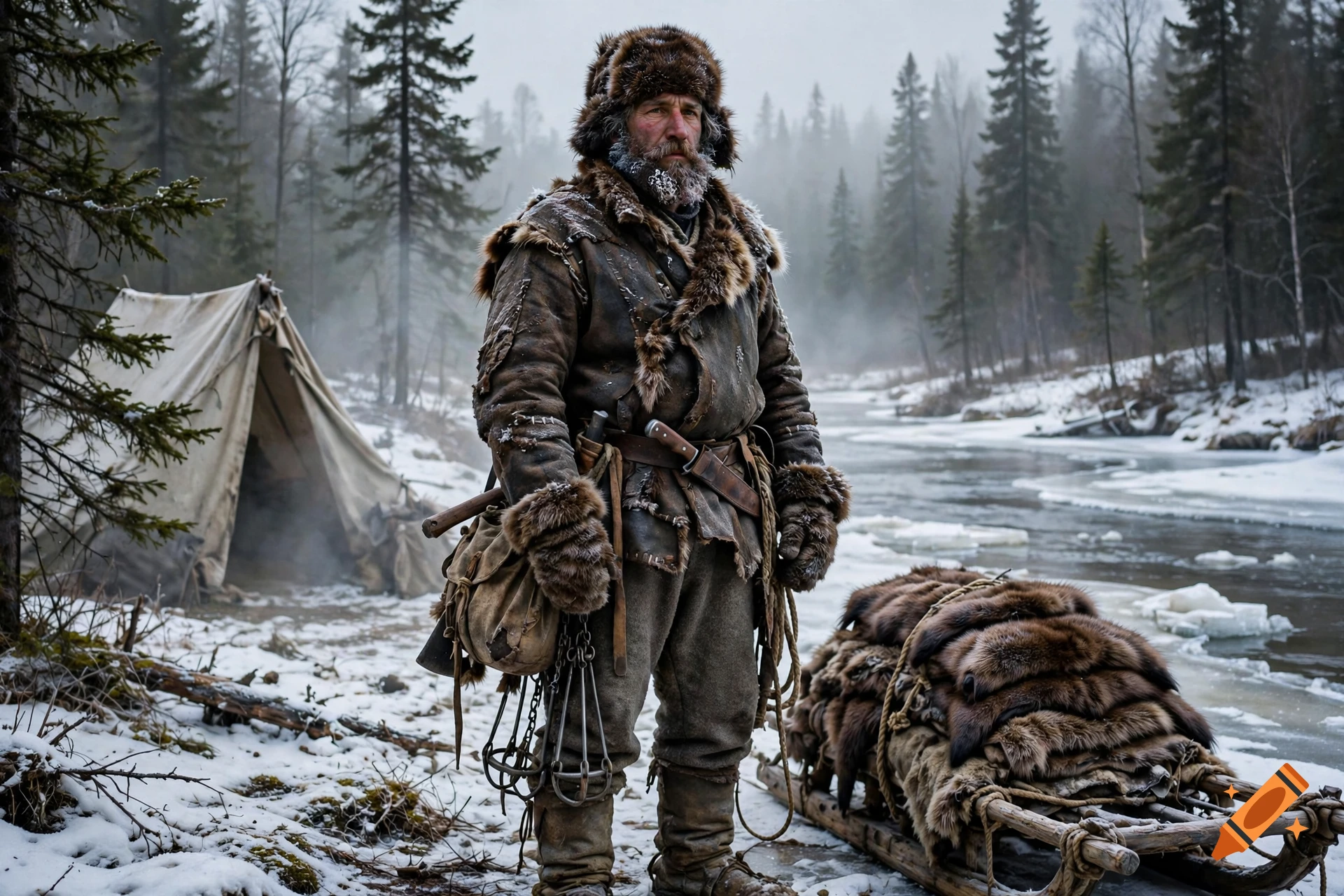 Photorealistic portrait of a fur trapper from the 1830s standing by a snowy river in the northwest territories with a sled of pelts.
