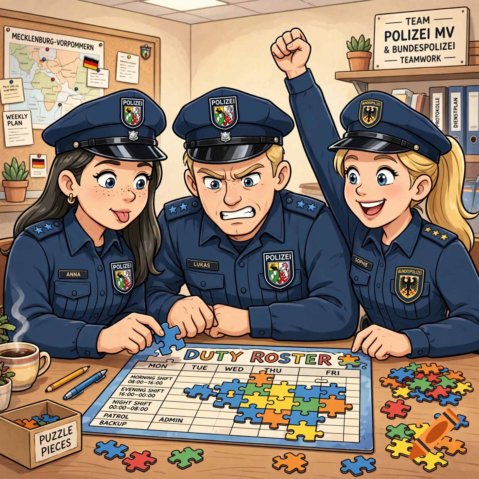 Cartoon illustration of three German police officers sitting together at a table and assembling a duty roster puzzle.