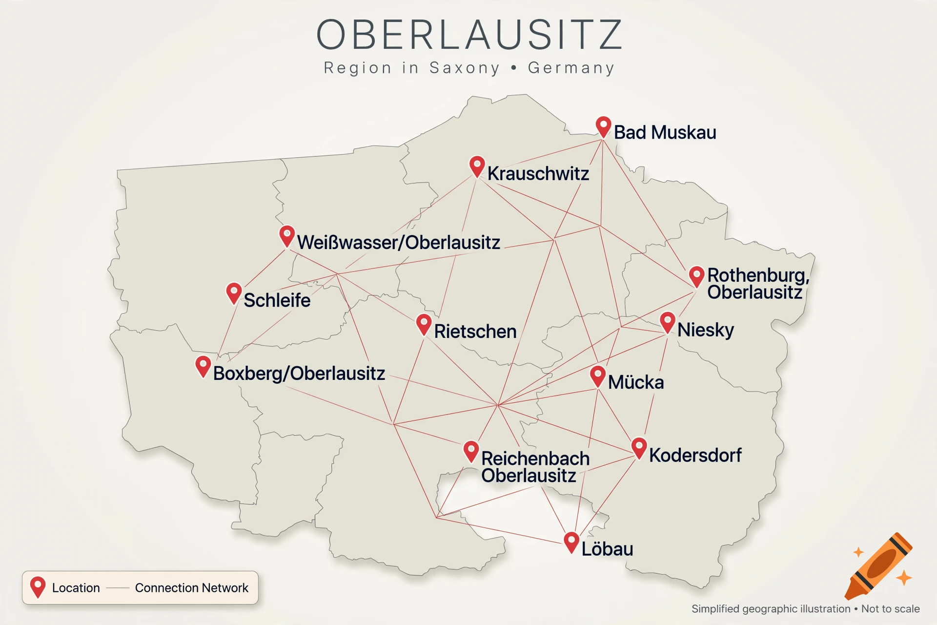 Detailed map of the Oberlausitz region in Saxony, Germany, with labeled towns connected by red lines.
