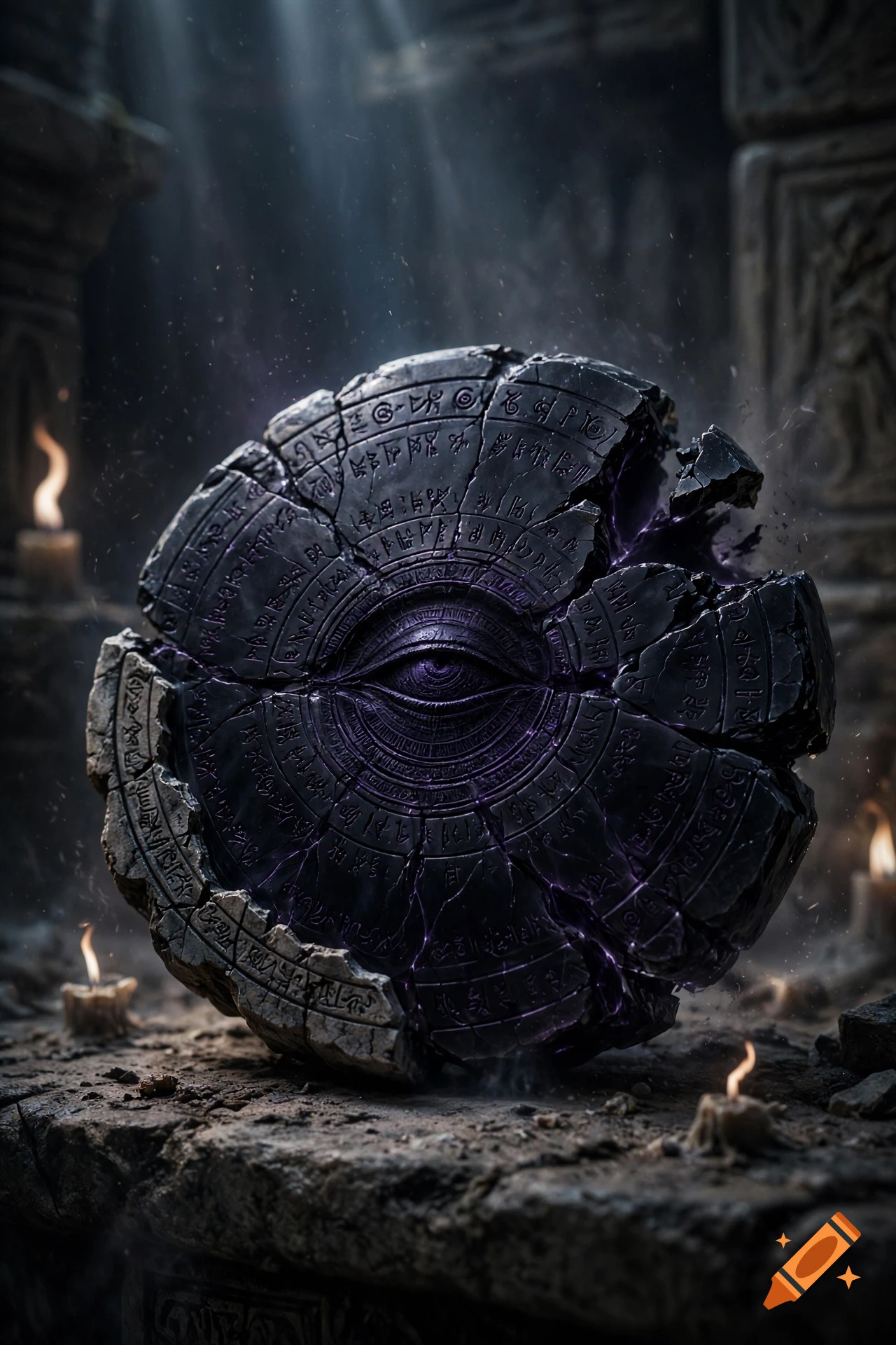 A close-up photorealistic shot of a fractured black stone artifact with glowing purple runes and a central eye symbol.