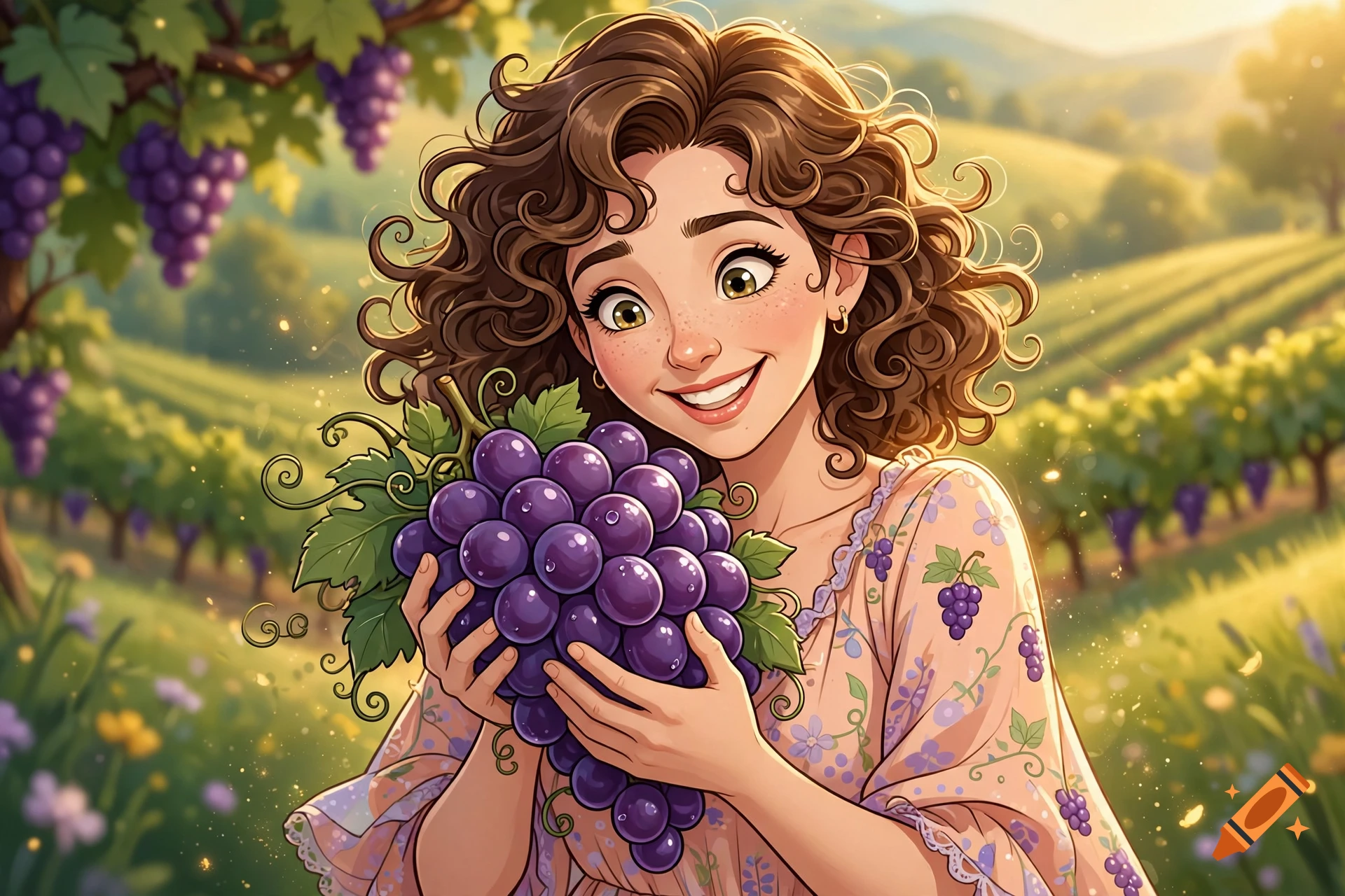 Cartoon illustration of a smiling woman with curly brown hair holding a large bunch of purple grapes in a vineyard.