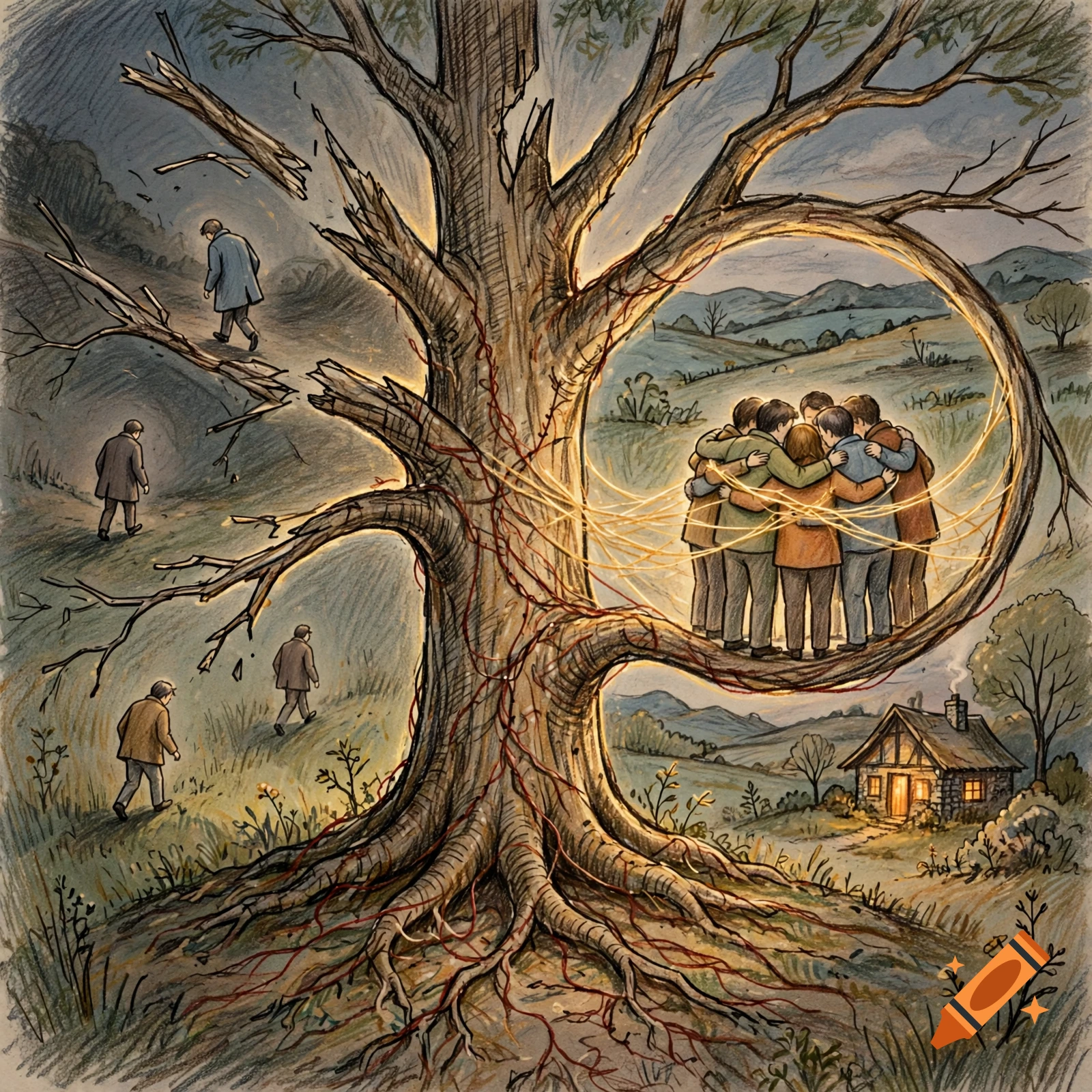 Crayon and colored pencil illustration of a family tree with branches splitting apart and people walking away, while another branch forms a supportive circle of people.