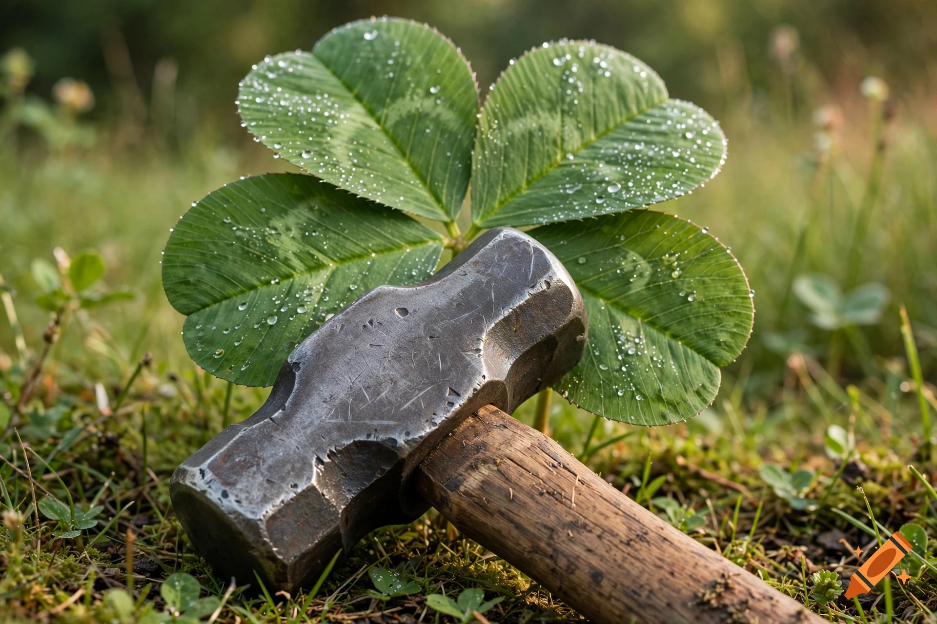 Photorealistic image of a blacksmith hammer resting on grass in front of a large dew-covered clover leaf.