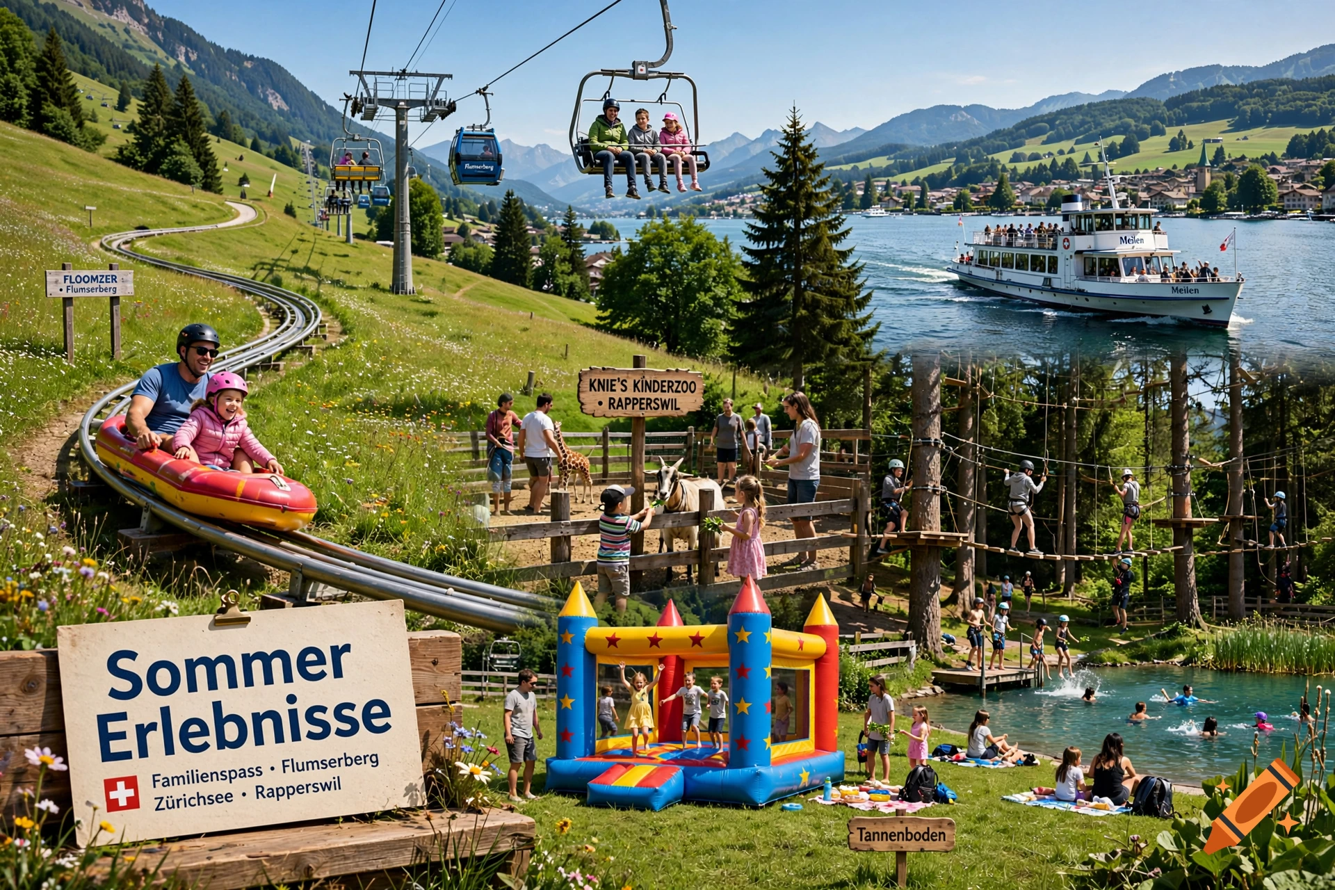 Photorealistic composite image showcasing various summer activities in Switzerland including a toboggan ride, cable car, boat cruise, zoo, and bouncy castle.