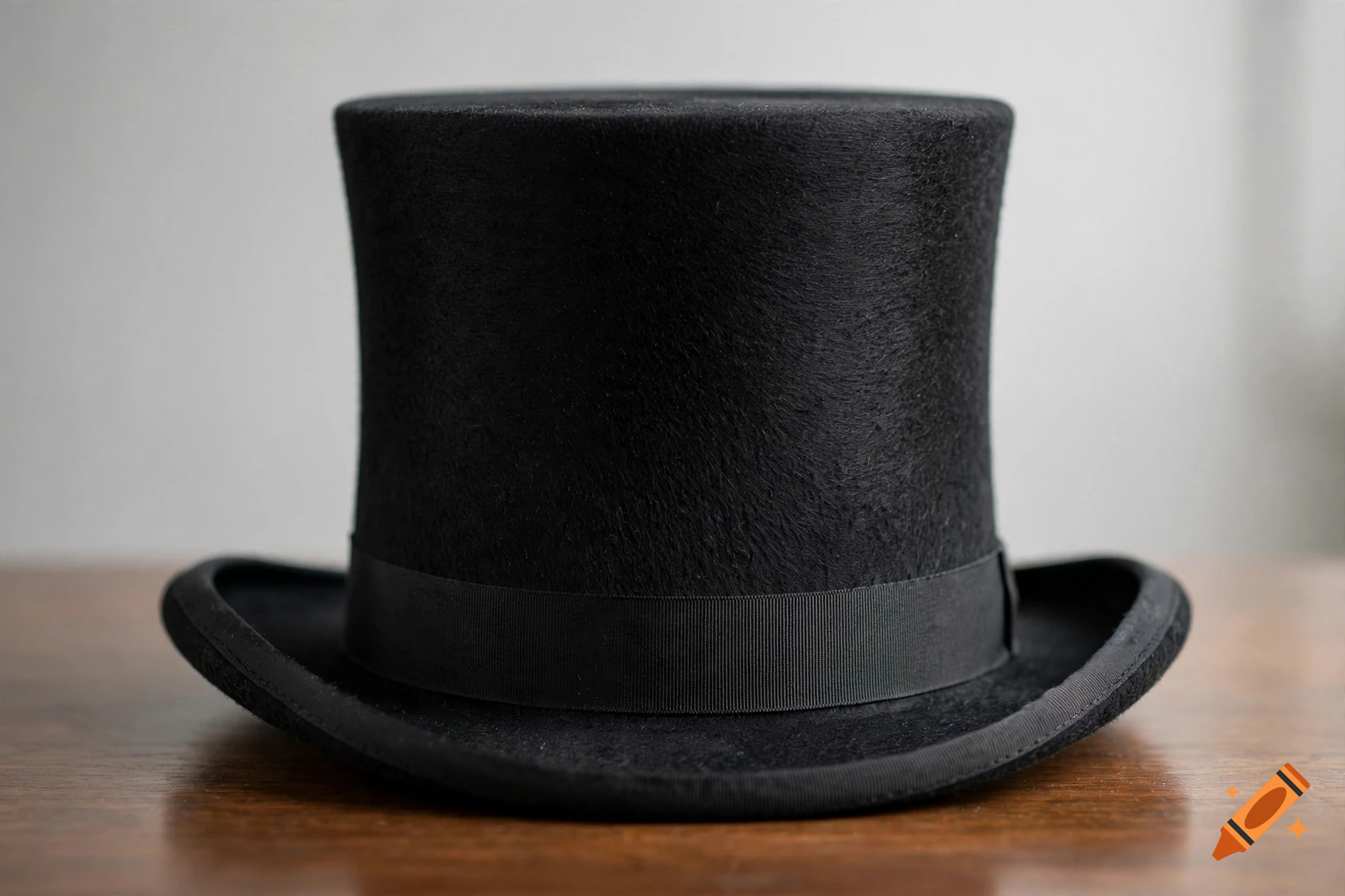 A photorealistic black top hat with a black band resting on a wooden table against a neutral grey wall.