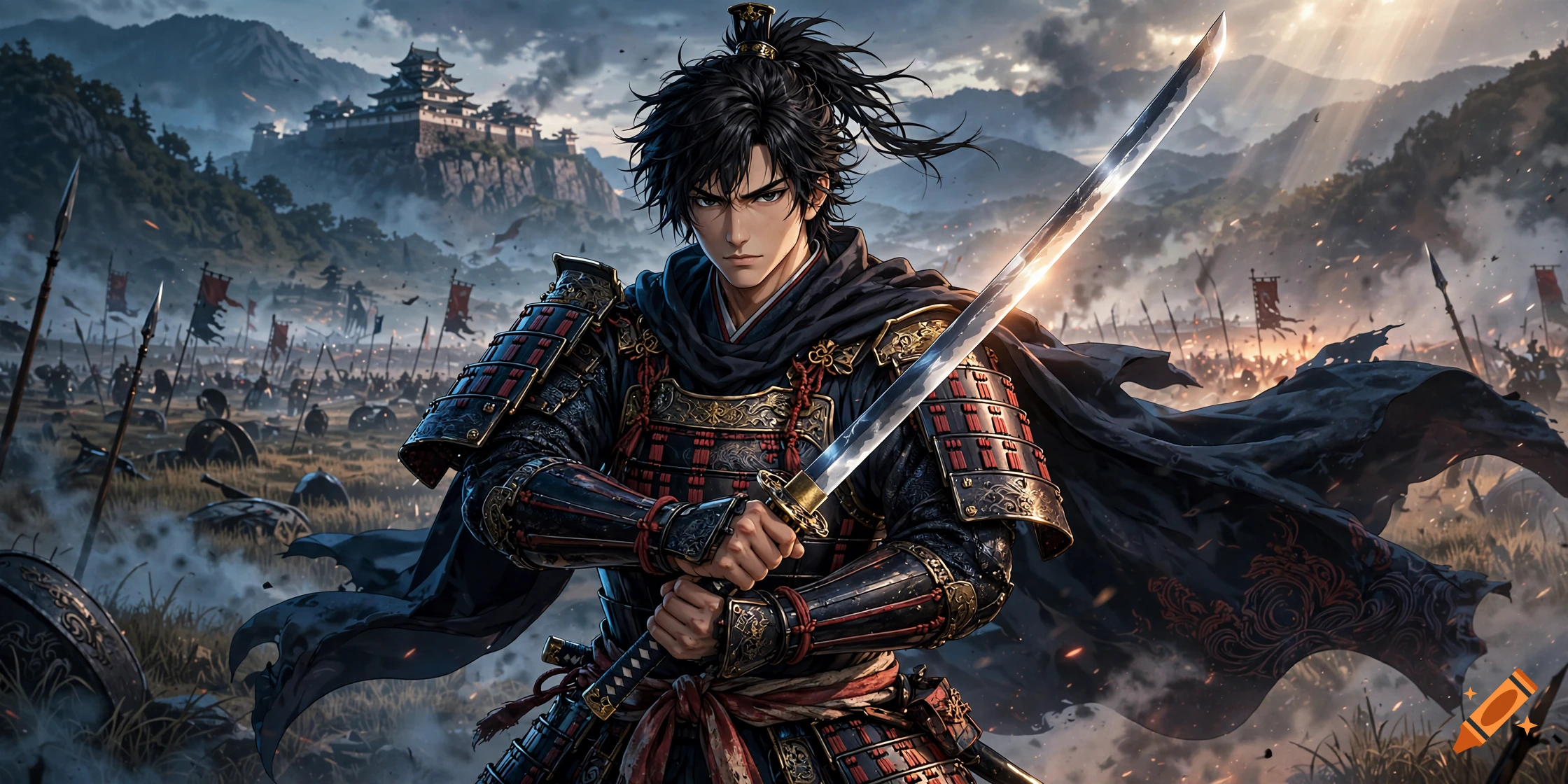 3D anime style male samurai warrior holding a katana sword in a battlefield with a castle in the background, epic lighting.