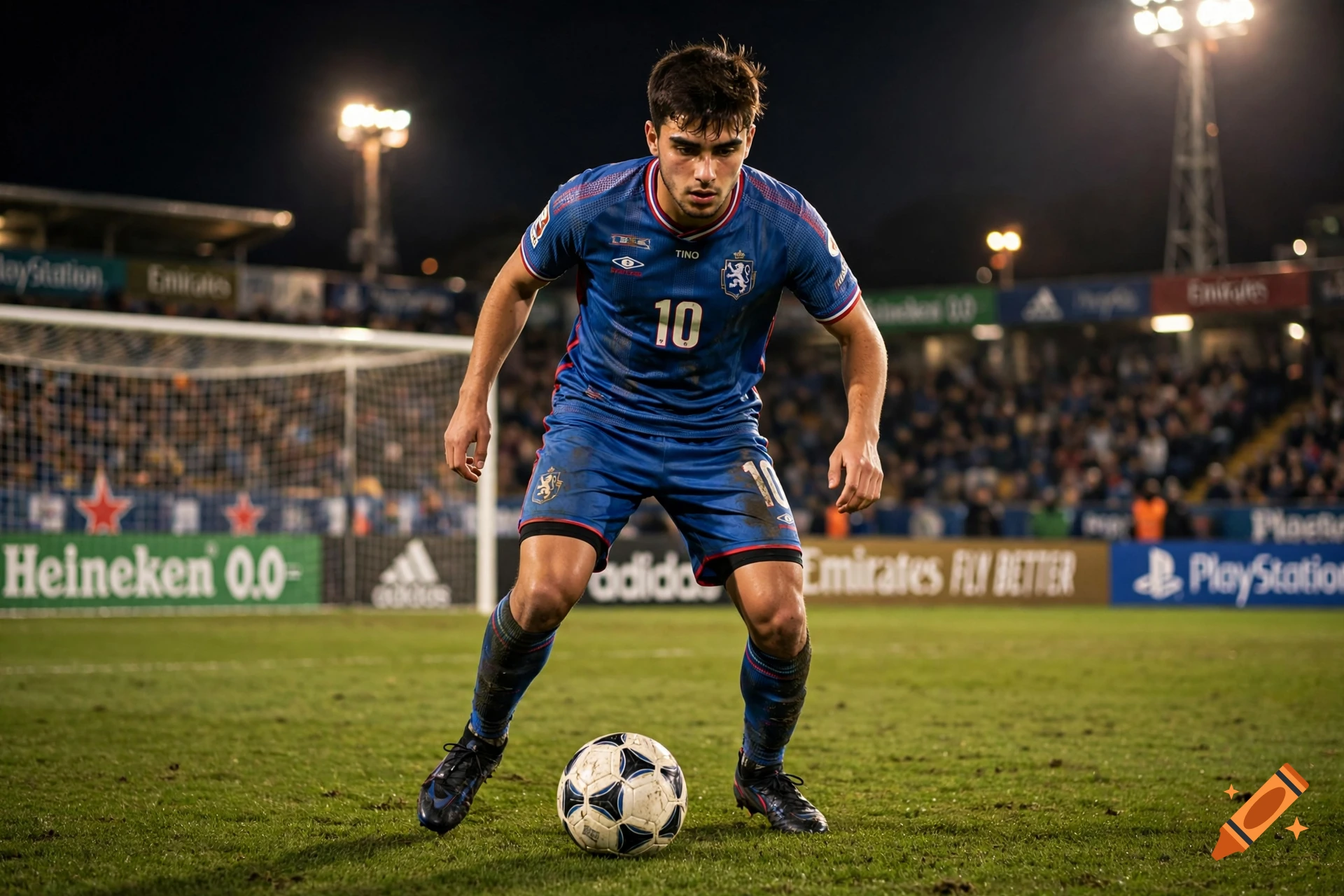 Photorealistic action shot of a male soccer player dribbling a ball on a dimly lit pitch during a night match.