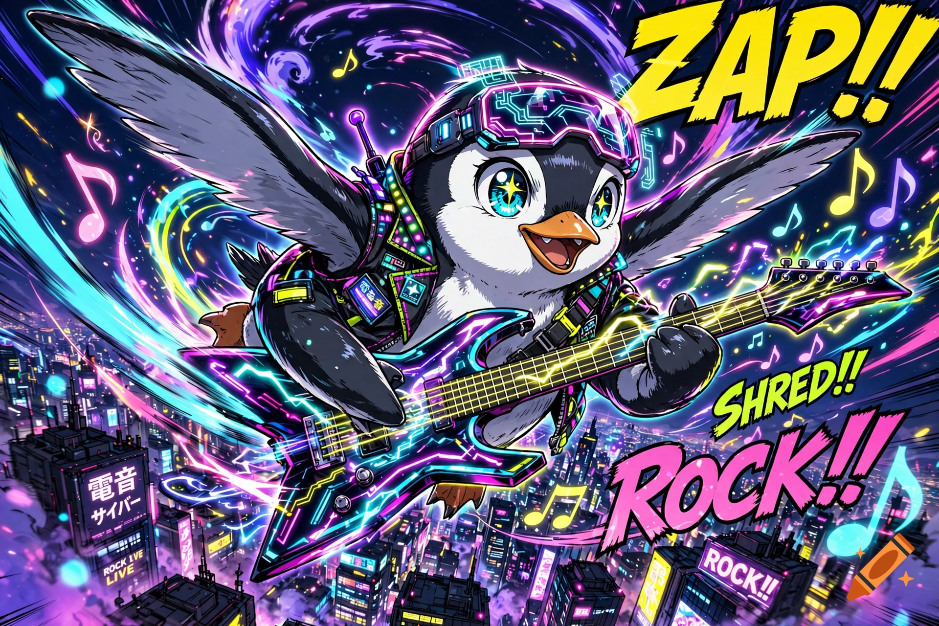Manga style illustration of a flying penguin wearing neon cyberpunk gear and playing an electric guitar against a neon city backdrop.