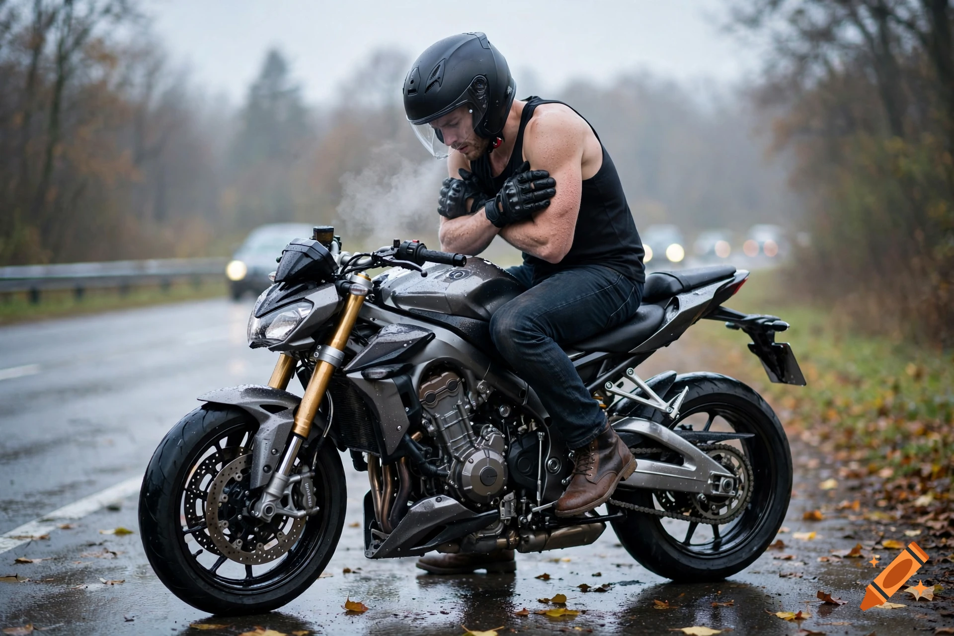 Photorealistic image of a cold man in a black tank top and helmet sitting on a motorcycle in the rain.
