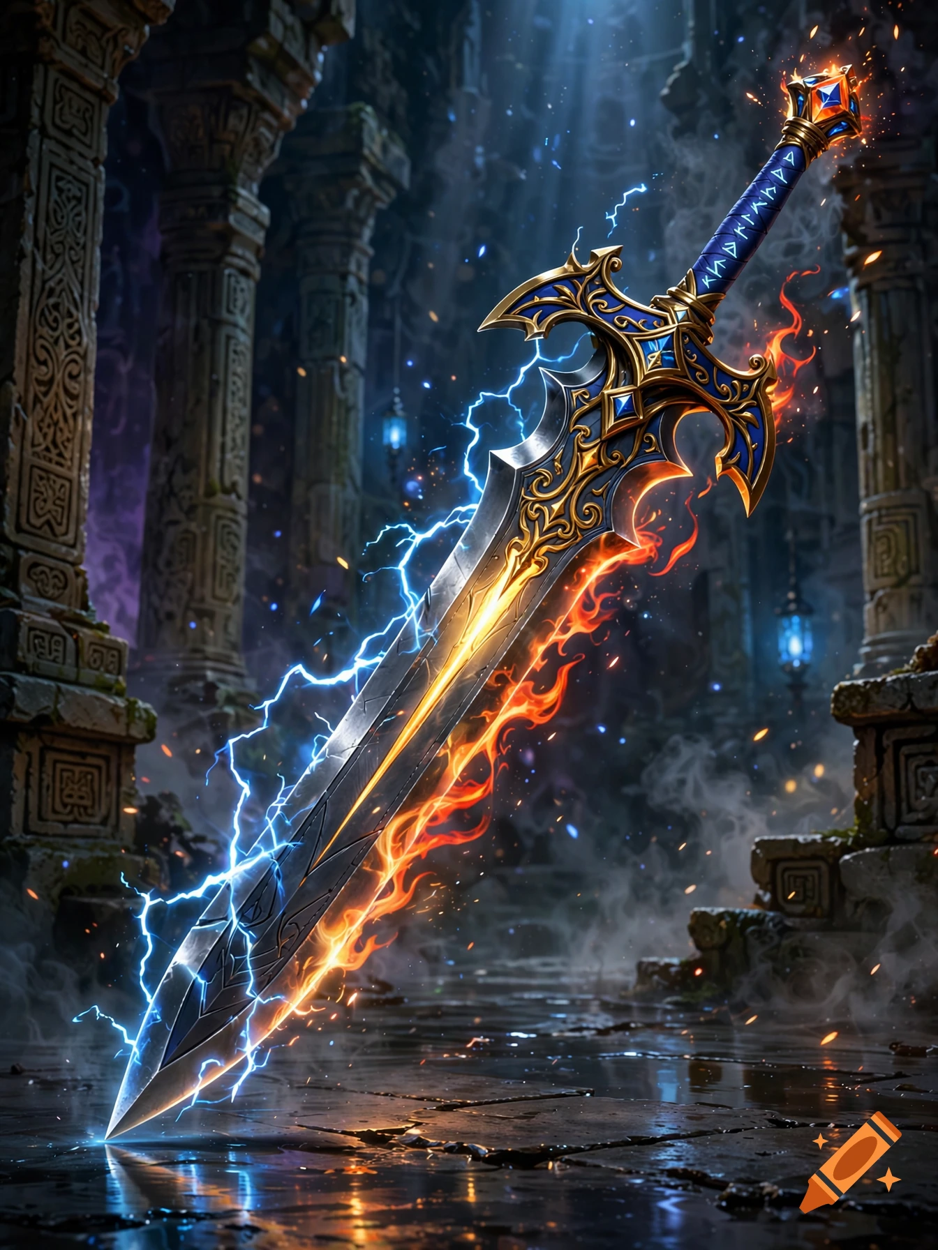 An ornate fantasy sword glowing with blue lightning and orange flames, planted in a stone floor inside an ancient ruin.