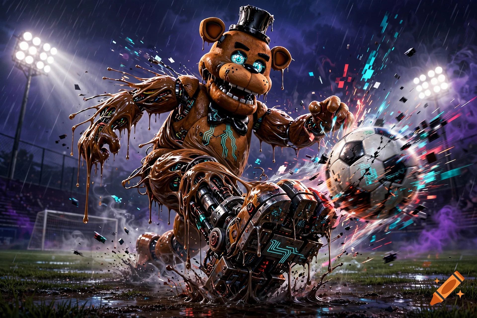 AI-melted Freddy Fazbear kicking a soccer ball on a rainy stadium field, digital illustration.
