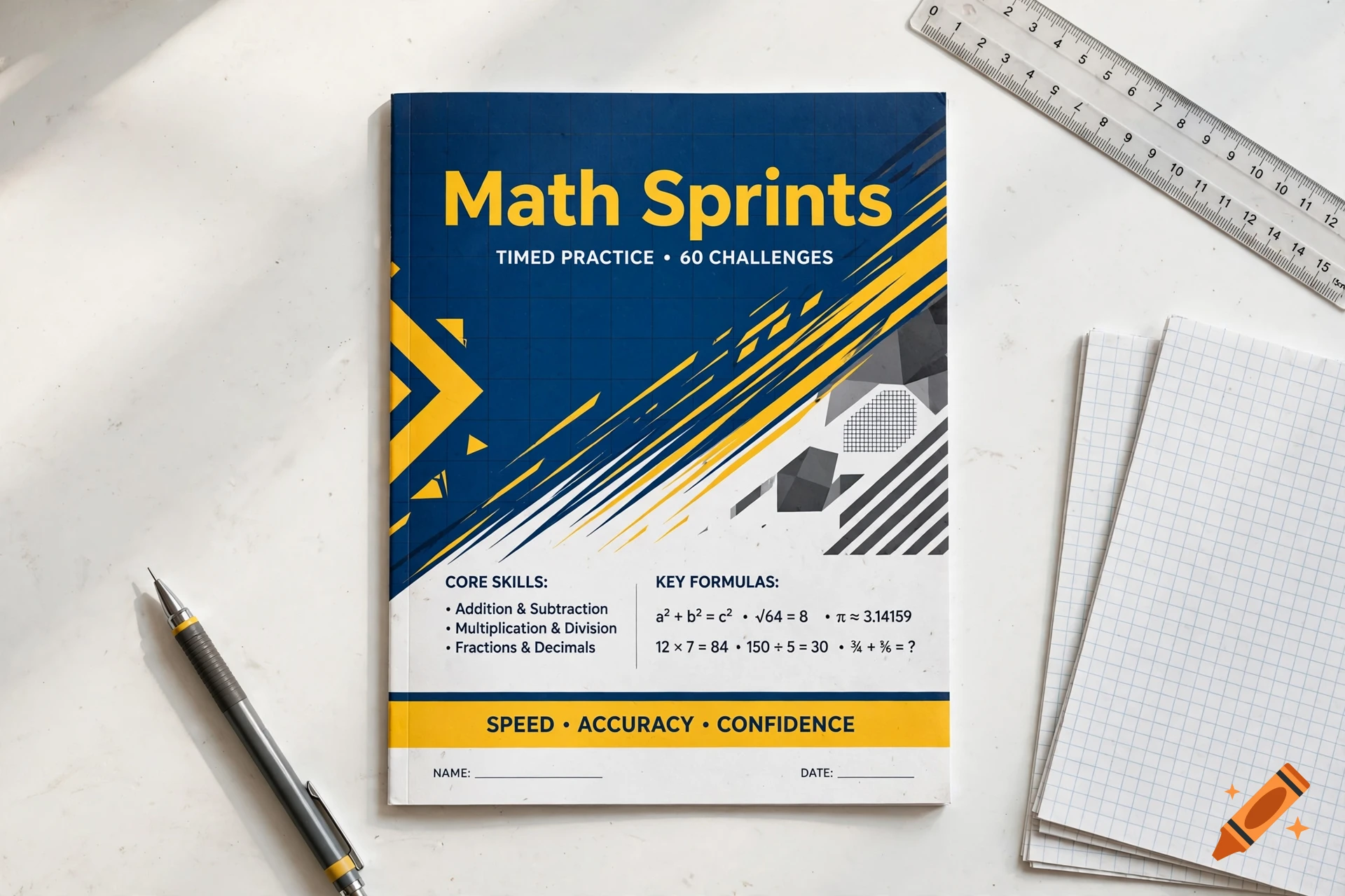 An overhead view of a blue and yellow math workbook cover titled 'Math Sprints', placed on a white marble surface with a pen, ruler, and grid paper.
