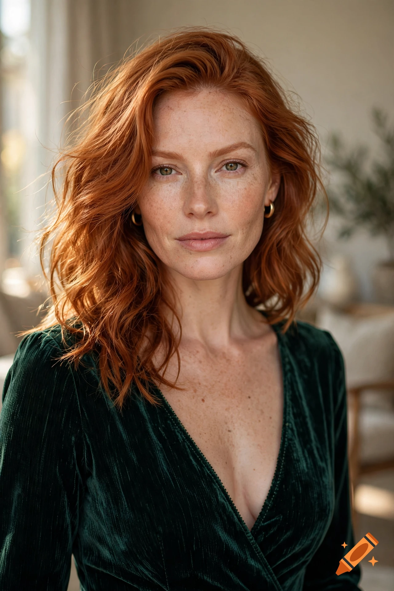 Photorealistic portrait of an attractive woman with vibrant red hair and freckles, wearing a dark green velvet dress.