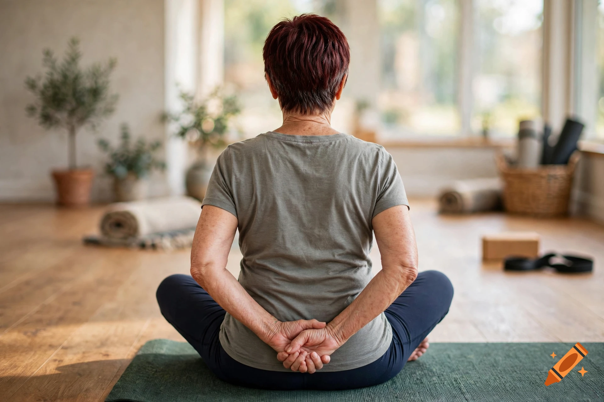 An older woman with short dark red hair sitting in a yoga pose from behind in a bright room.