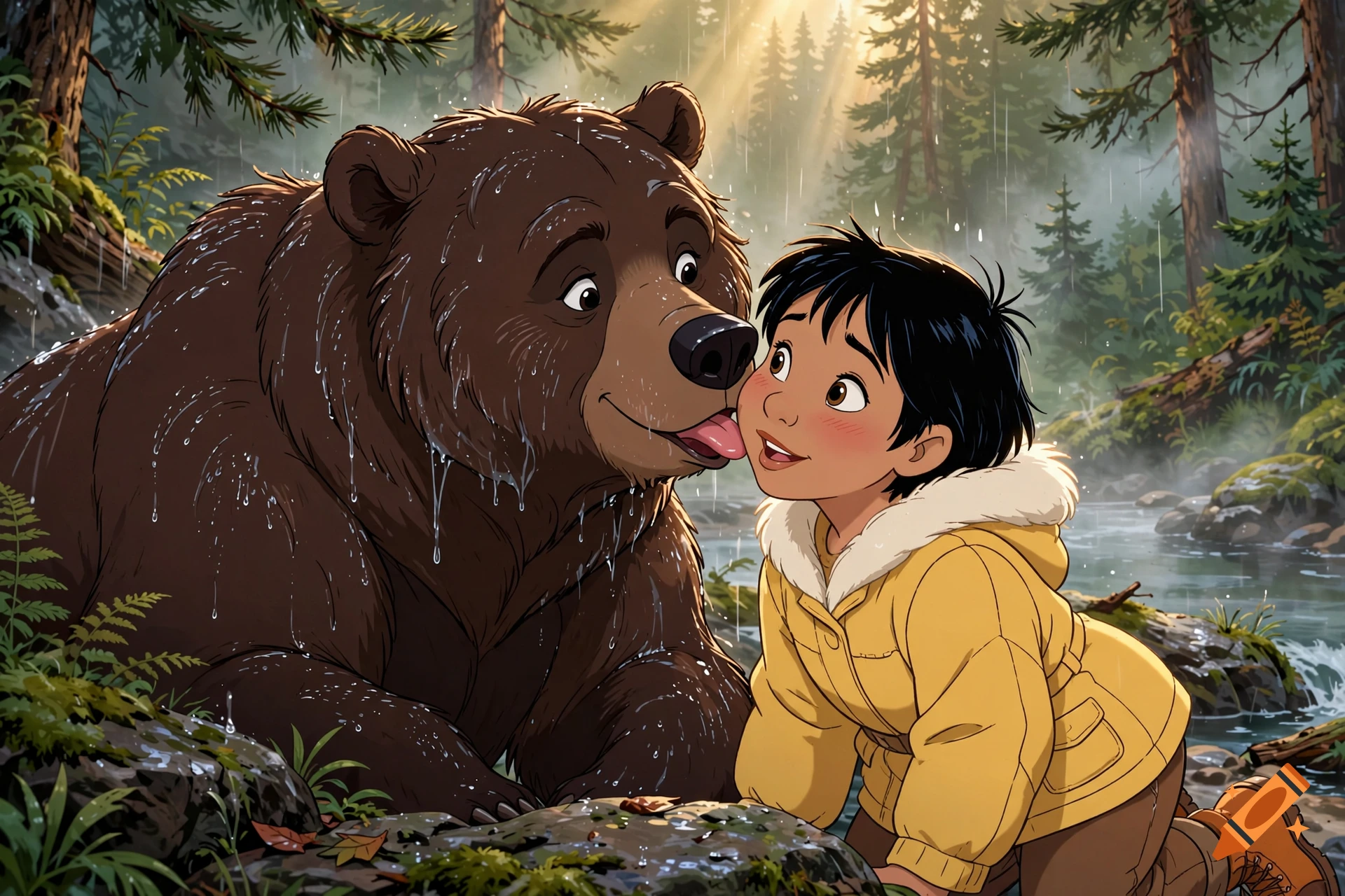 An animated brown bear licking the cheek of a young child with short black hair wearing a yellow coat in a forest.