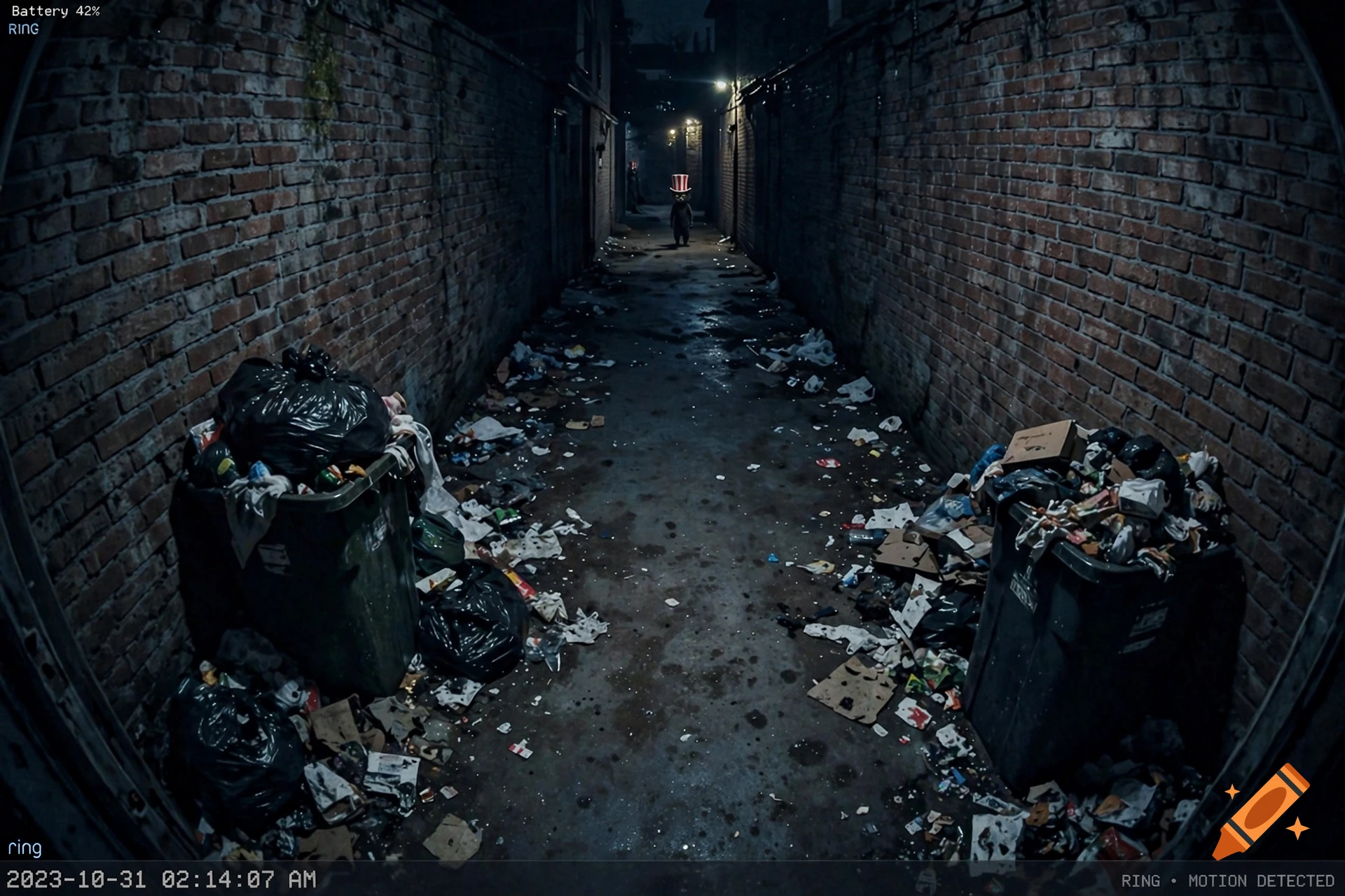 Security camera view of a dark trash-filled alleyway at night with an eerie humanoid figure in a top hat in the distance.