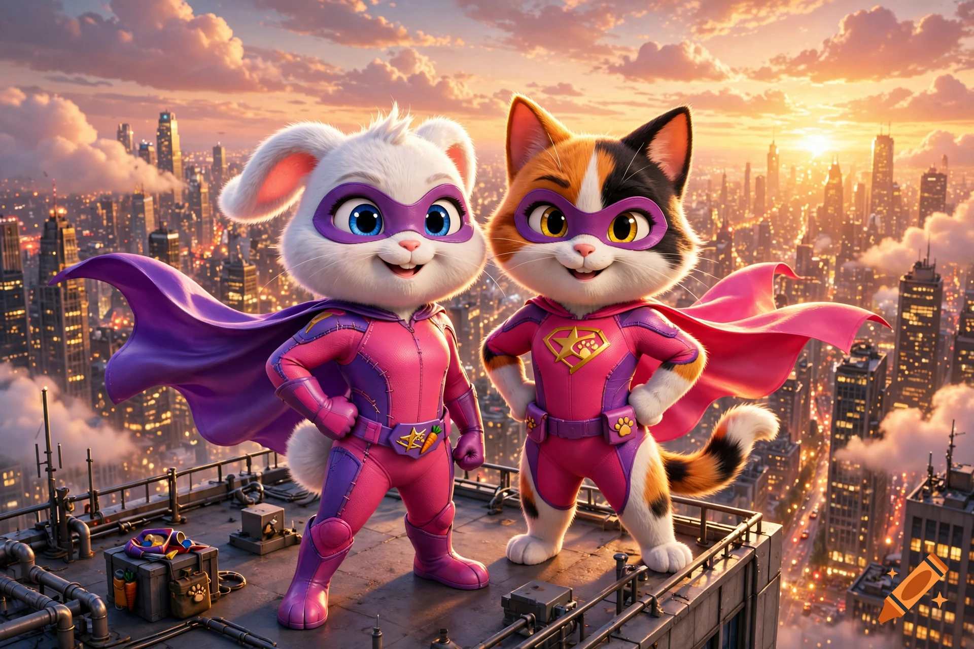 3D cartoon illustration of a fluffy white rabbit and a calico cat as superheroes on a skyscraper roof overlooking a city at sunset.