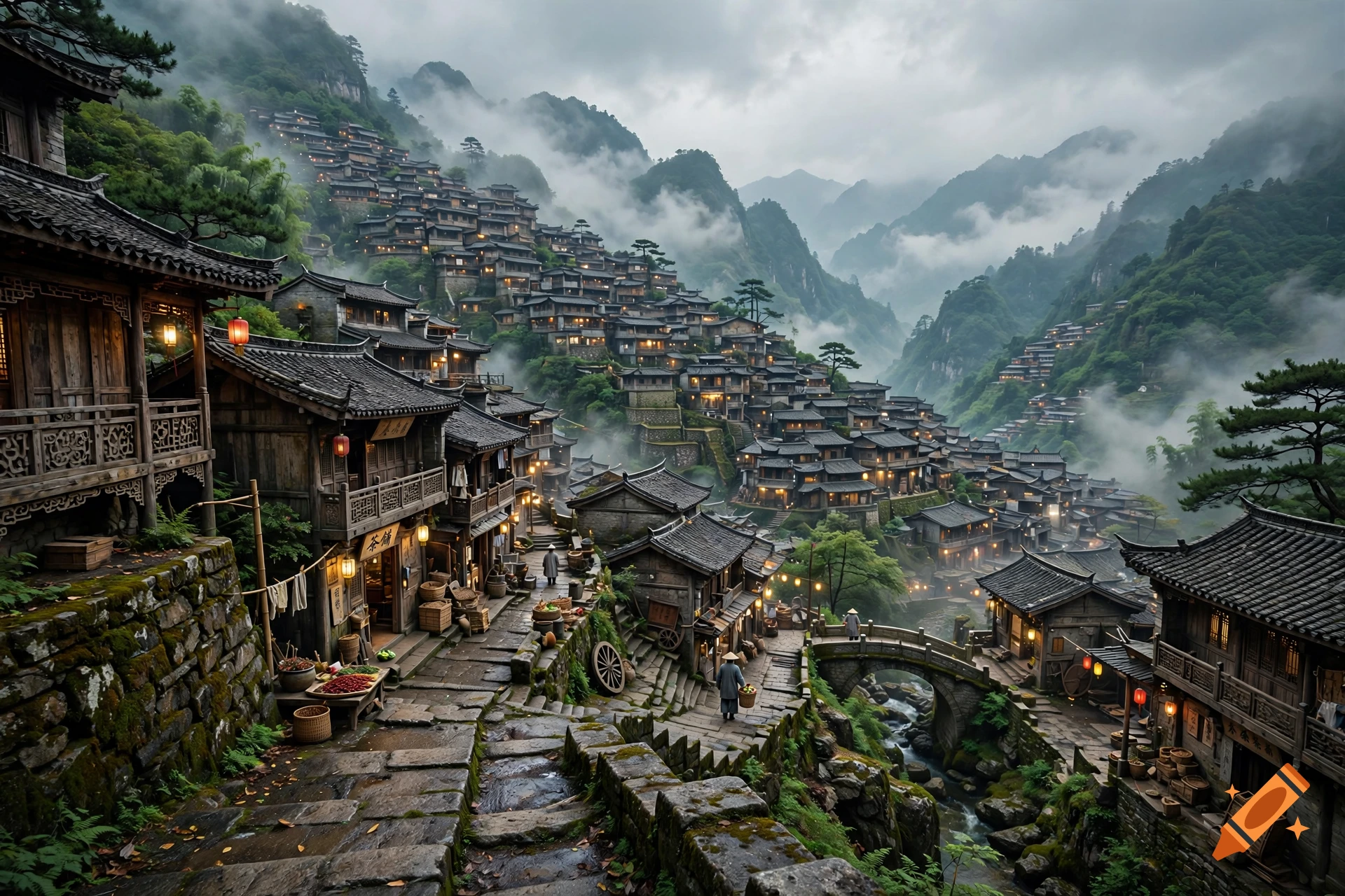 Photorealistic image of an ancient Chinese mountain village with traditional wooden houses, winding stone staircases, and glowing lanterns in the mist.