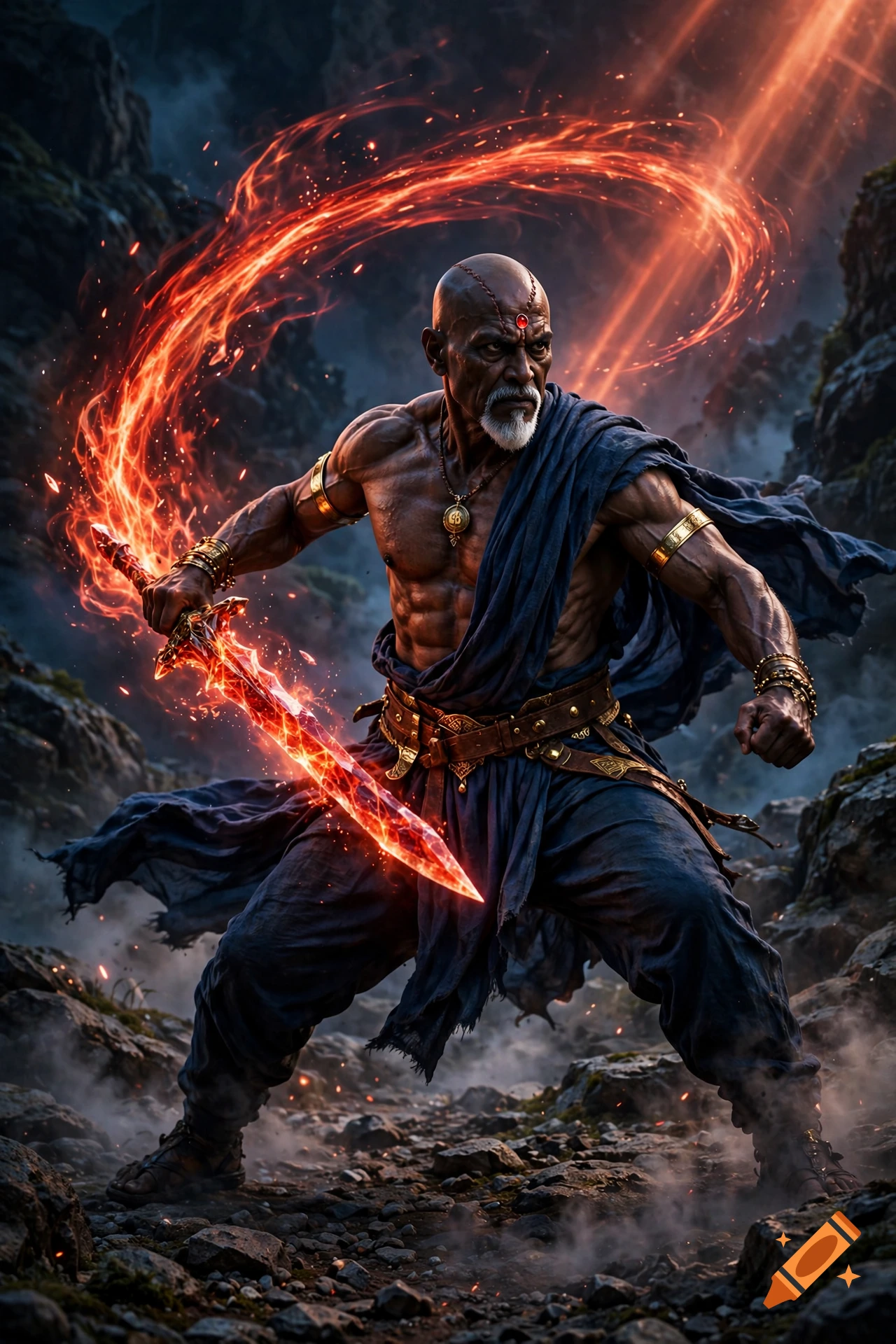 An elderly bald dark-skinned warrior-monk holding a glowing molten-red sword amidst fiery magical energy, cinematic digital illustration.