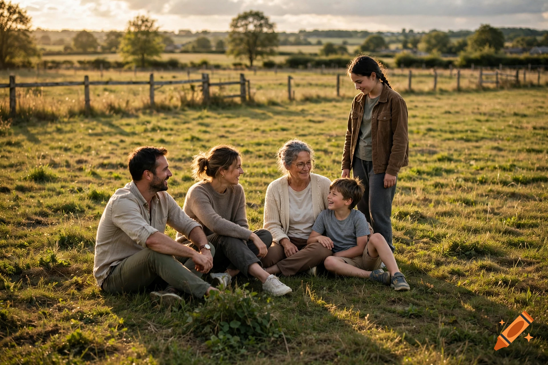 Photorealistic image of a multi-generational family sitting and standing together in a grassy field during sunset.