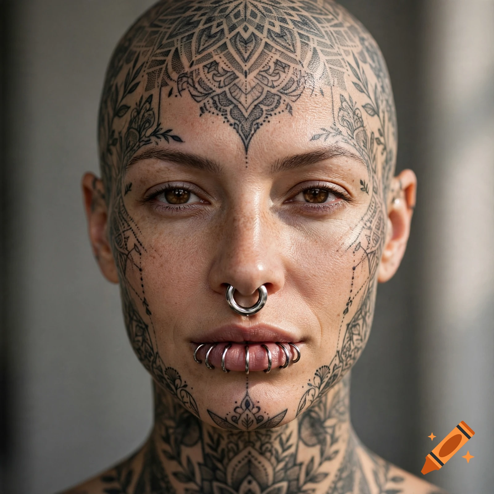Photorealistic close-up portrait of a bald woman with intricate mandala tattoos covering her head, face, and neck, featuring a metal septum ring and multiple lip rings.