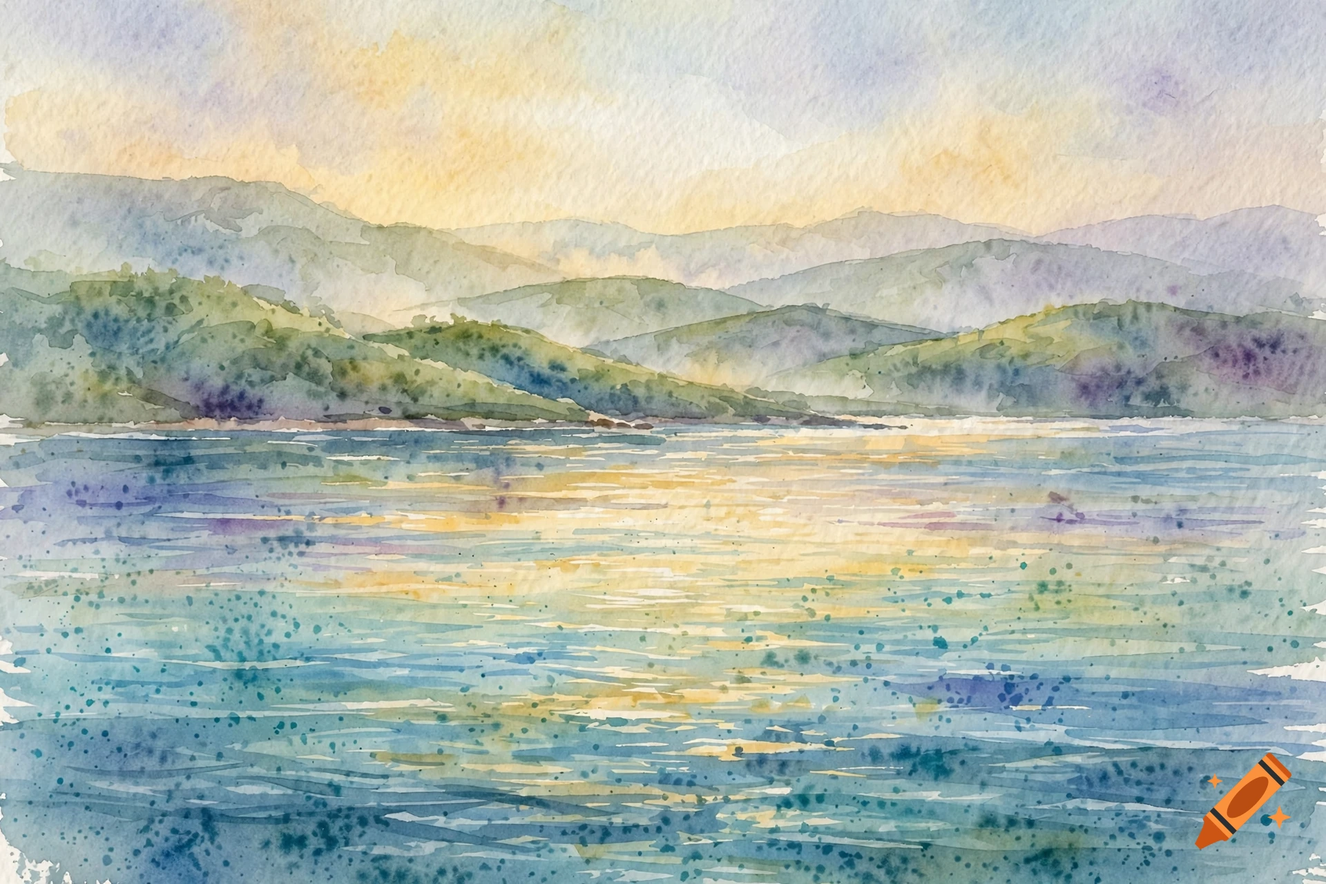 Watercolor painting of distant green hills and ocean foreground with sparkling water.