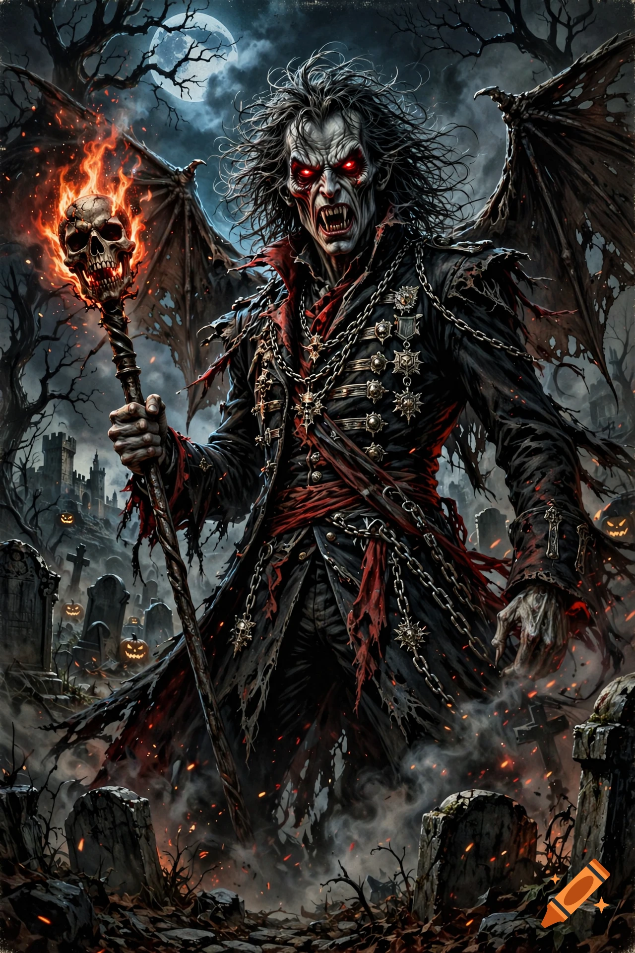 Vampiric character with glowing red eyes, bat wings, and a flaming skull staff in a graveyard, dark fantasy digital illustration.