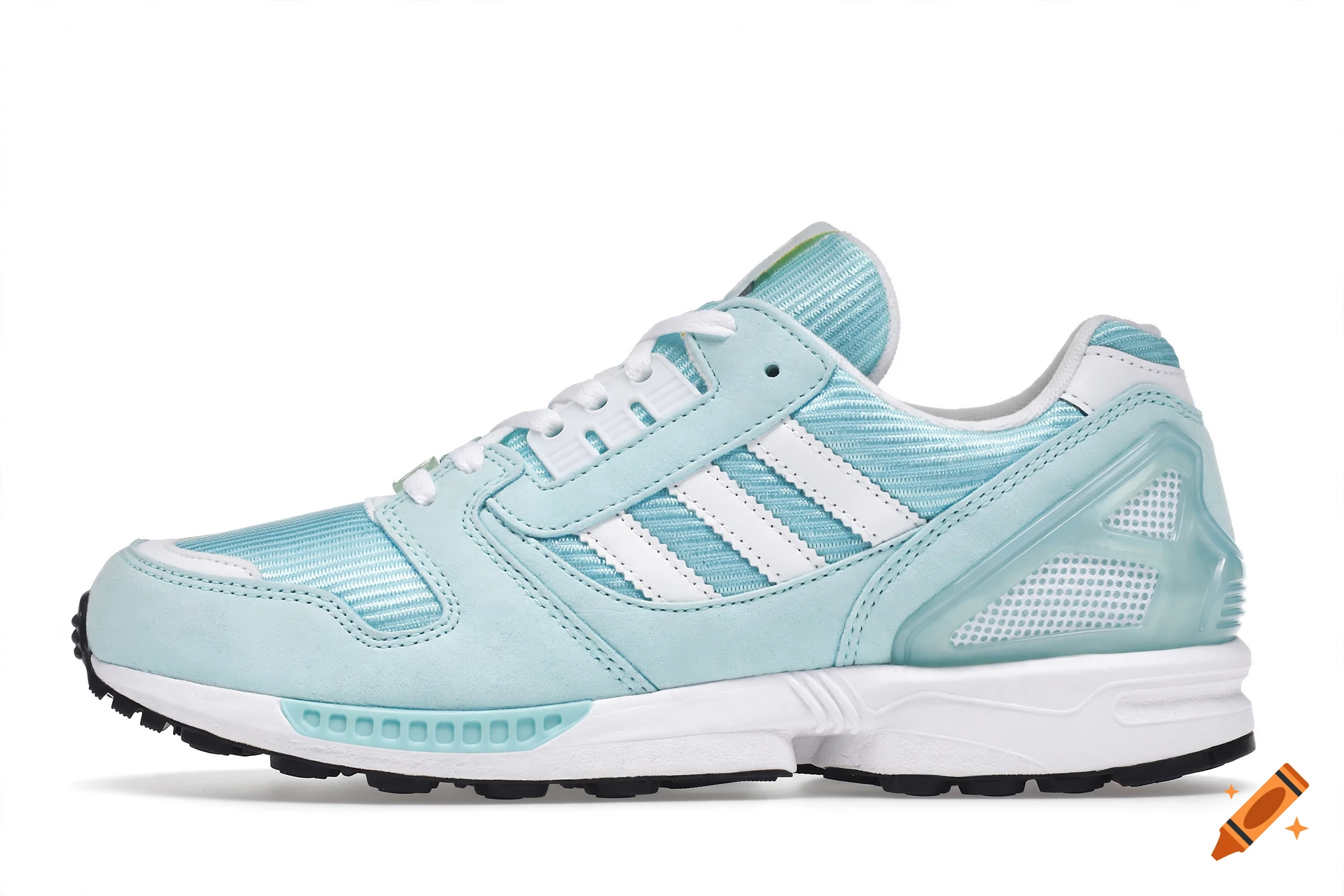 A light blue and white sneaker on a plain white background.
