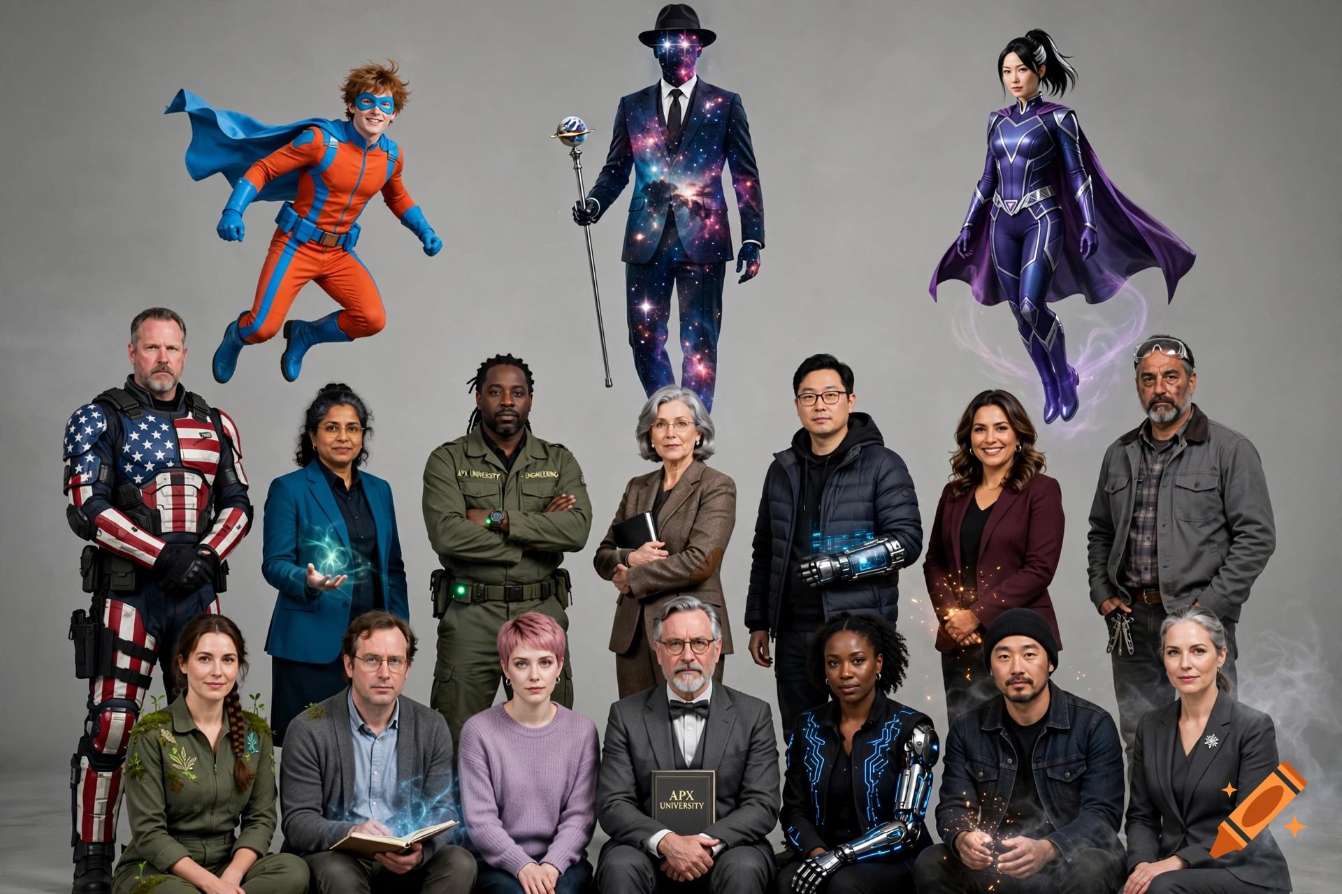 An ensemble photograph of eighteen university faculty and staff members with superhero powers and futuristic technology.