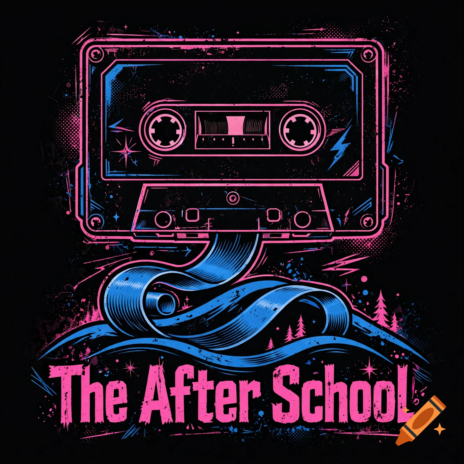 Indie band logo featuring a pink and blue cassette tape with magnetic tape spelling The After School on a black background.