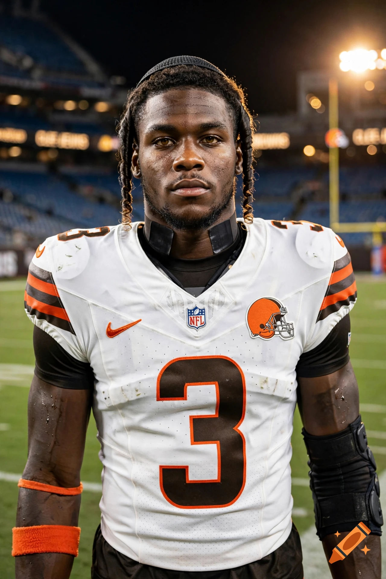 Photorealistic portrait of a male American football player in a white Cleveland Browns jersey with the number 3 on the field at night.