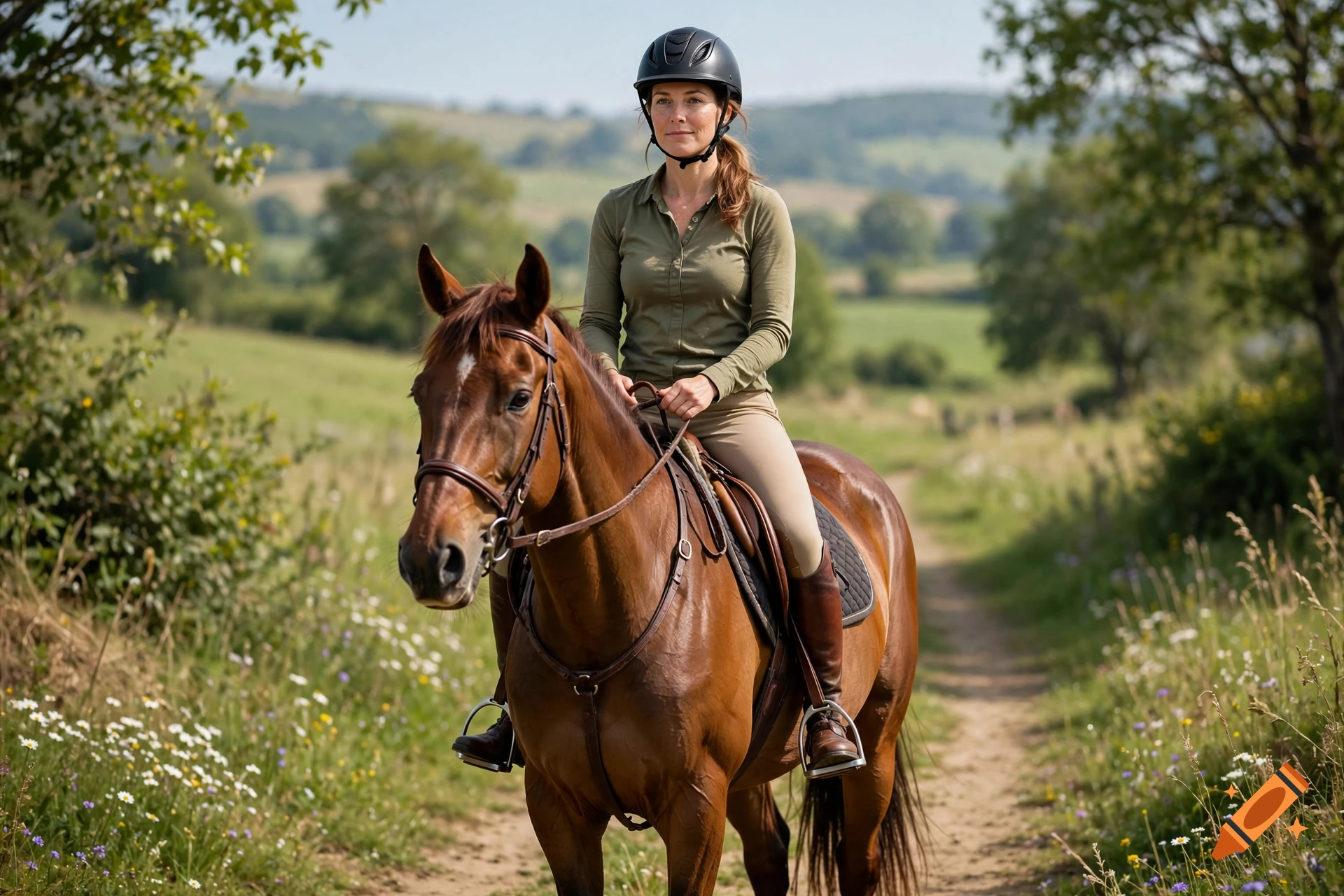 Photorealistic image of a woman wearing a riding helmet on a brown horse along a path in a countryside landscape.