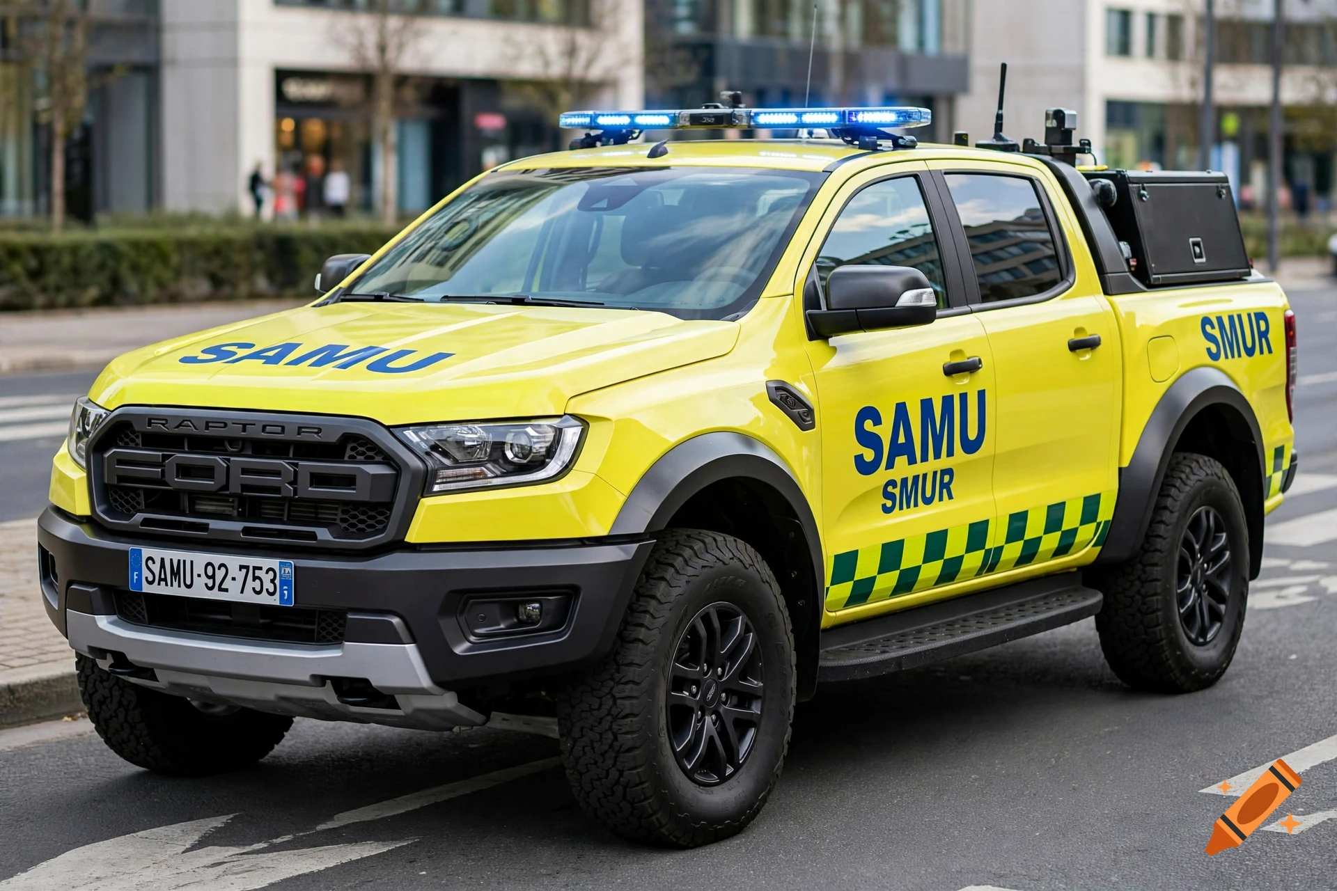 Photorealistic medium shot of a yellow French SAMU Ford Ranger Raptor emergency vehicle parked on a city street.