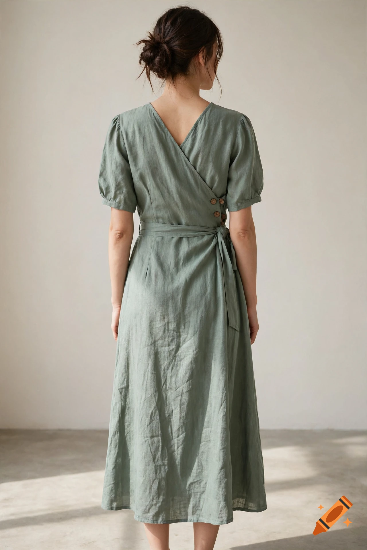 Photorealistic back view of a woman with her hair in a bun, wearing a sage green wrap midi dress with puff sleeves.