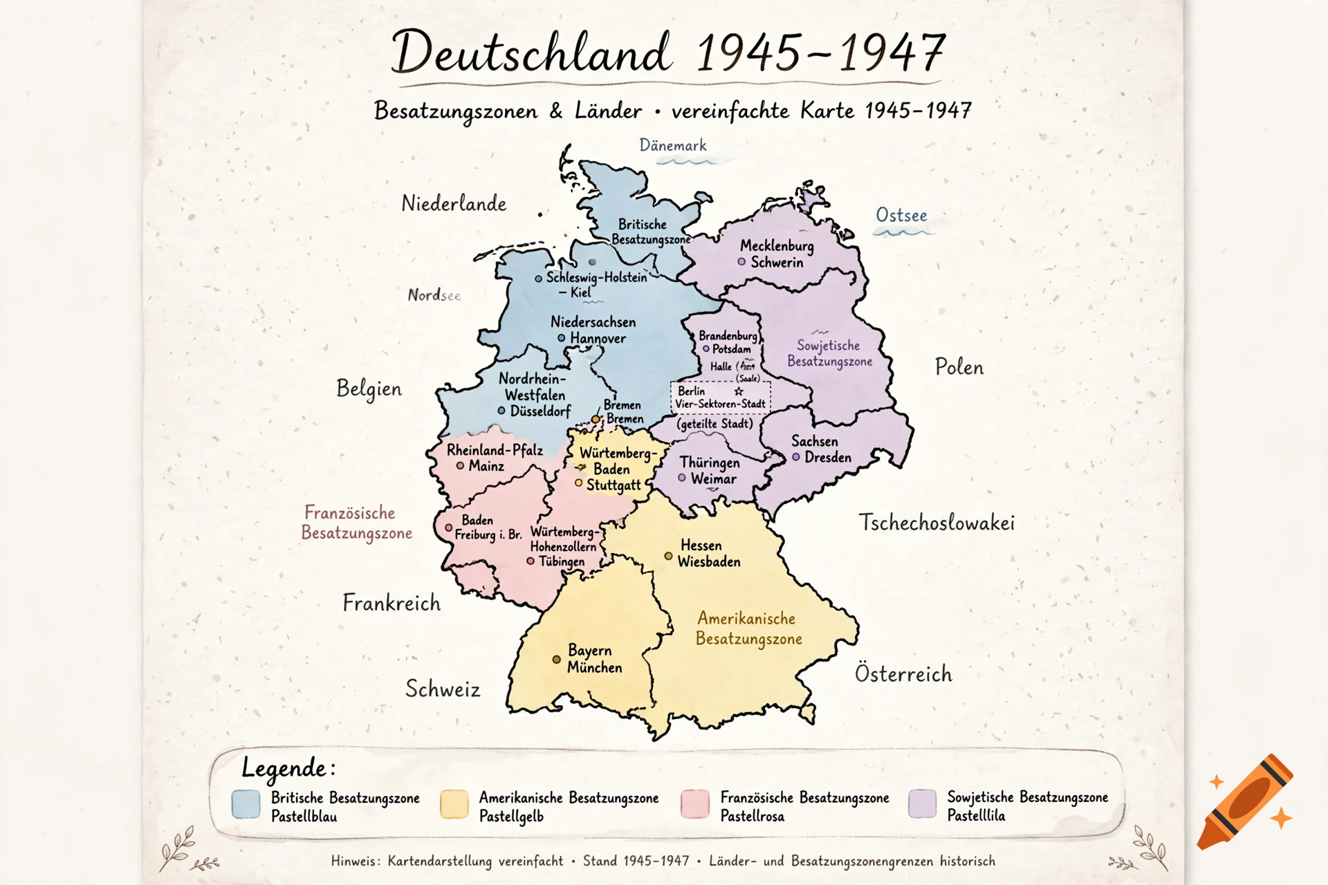 Historical pastel-colored map of Germany showing the four occupation zones from 1945 to 1947 with German labels.