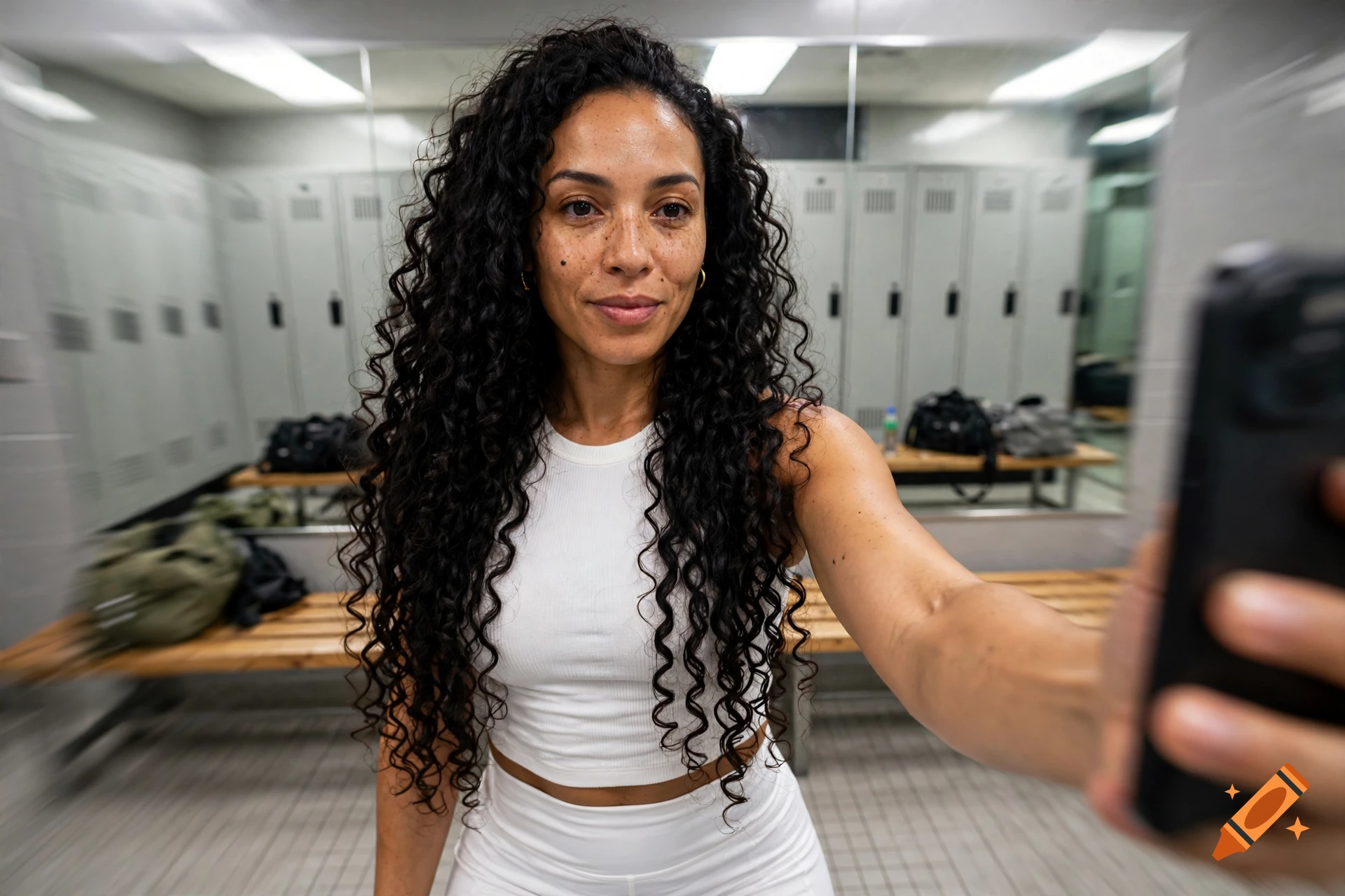 A woman with long curly black hair and freckles wearing a white crop top and leggings takes a selfie in a locker room.