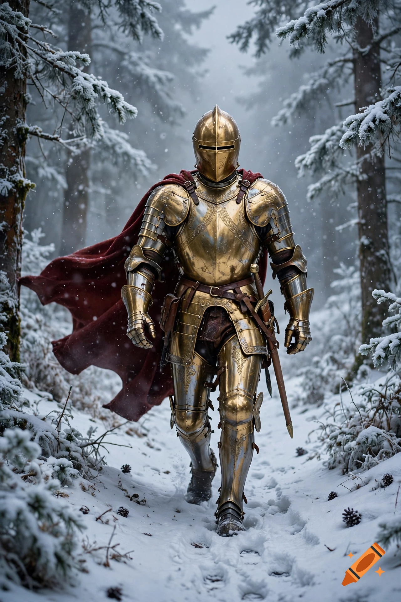 Photorealistic image of a knight in polished golden armor and a red cape walking through a snowy forest.