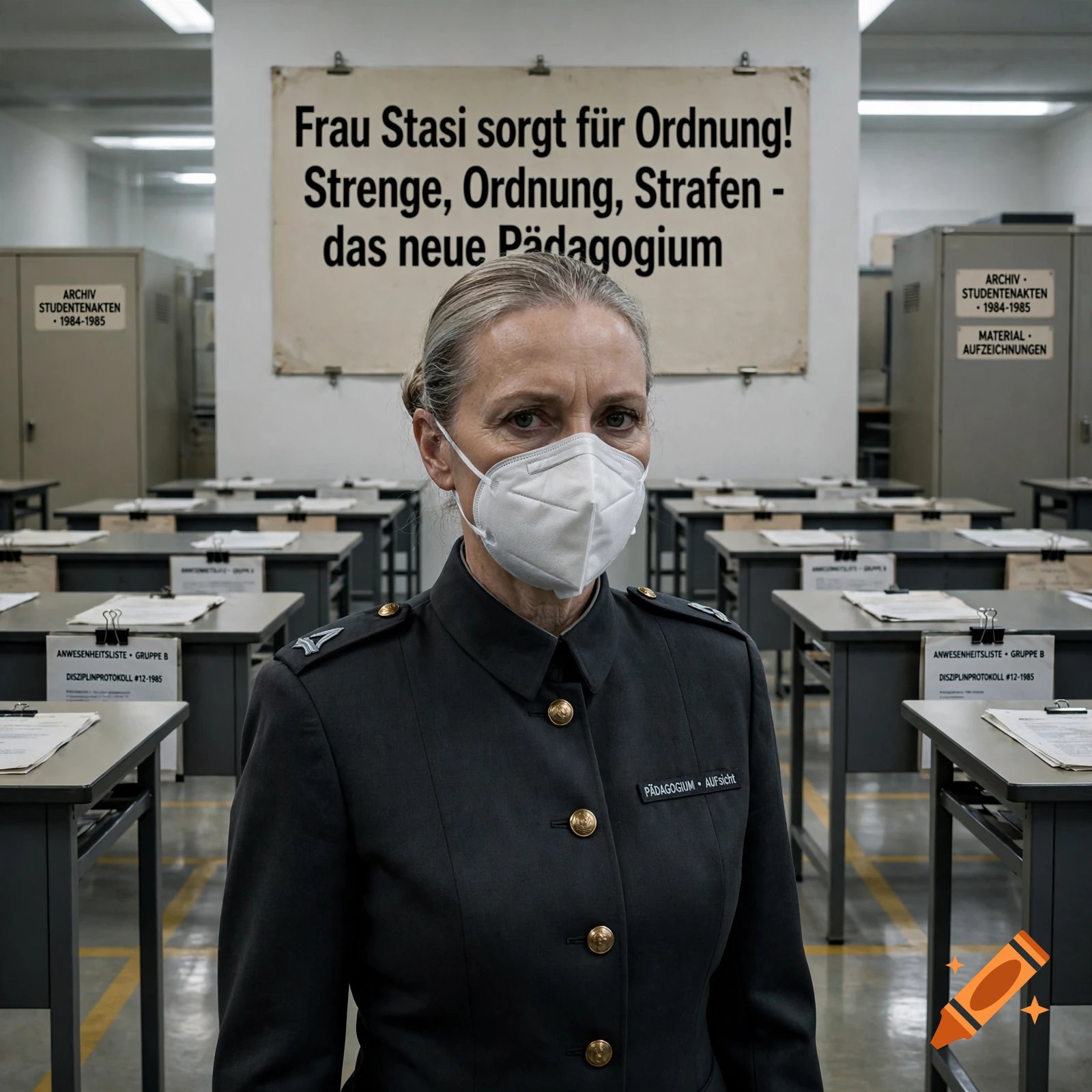 Photorealistic portrait of a woman in a grey historical uniform and white medical mask inside a classroom with a banner on the wall.
