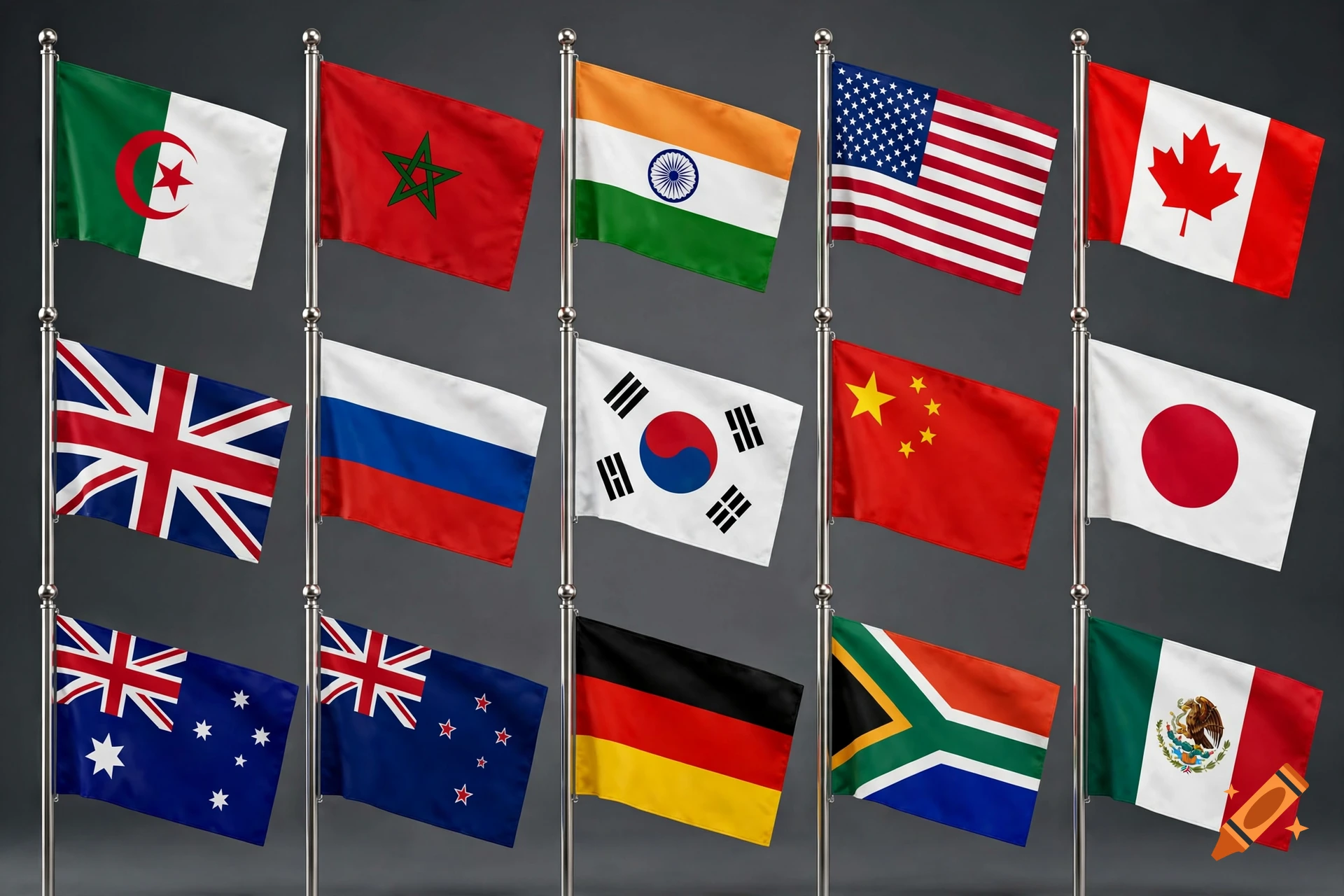 Fifteen national flags on silver flagpoles against a dark gray background, including Algeria, Morocco, India, USA, Canada, UK, Russia, South Korea, China, Japan, Australia, New Zealand, Germany, South Africa, and Mexico.