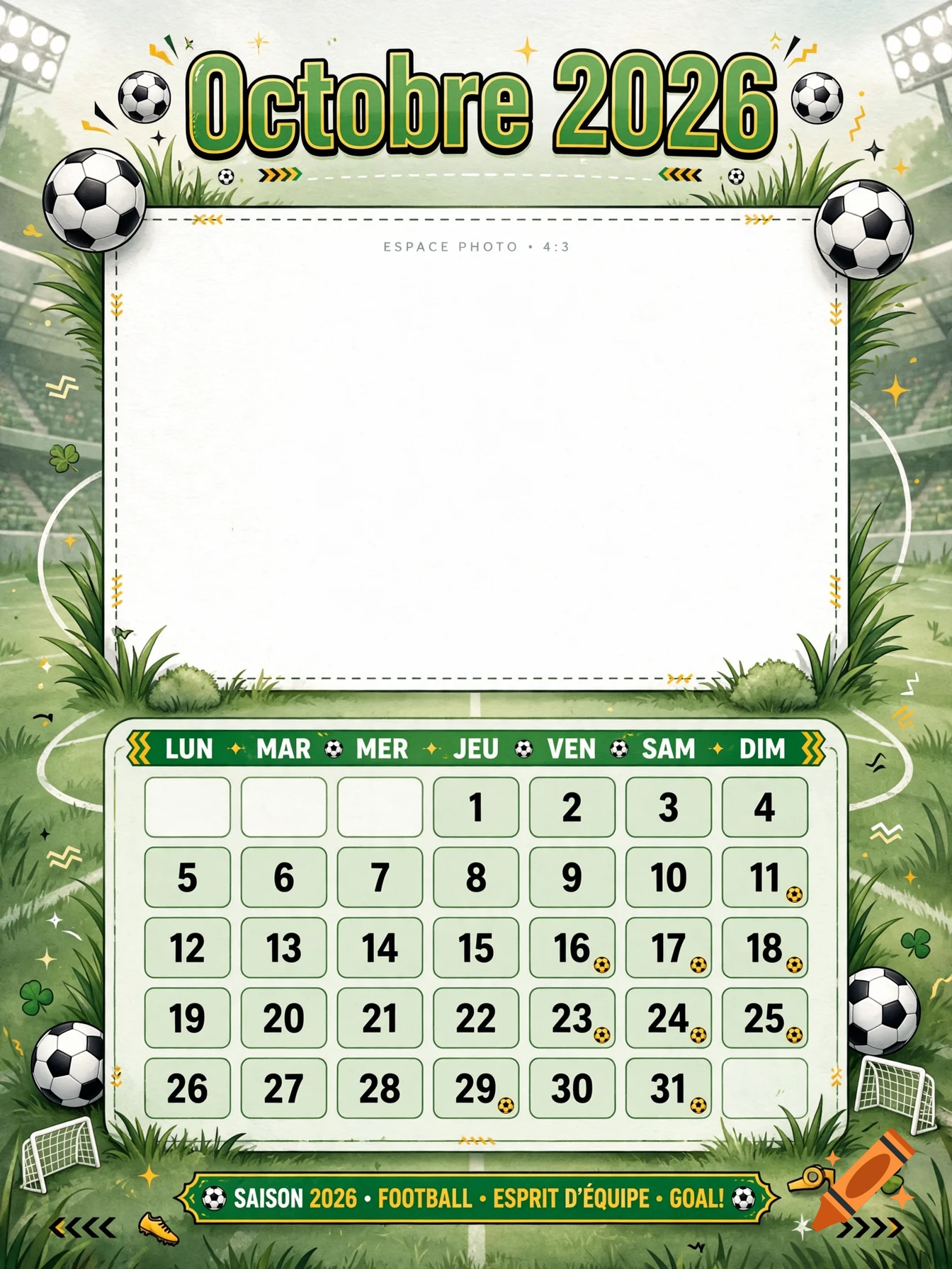 An illustrated October 2026 football calendar with soccer balls, a grassy field background, and a blank photo frame.