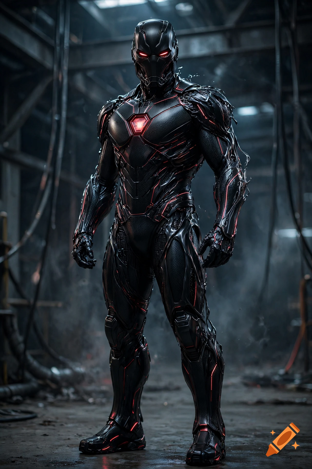 Photorealistic full-body shot of a black nanotech sci-fi suit with red glowing accents in an industrial warehouse setting.